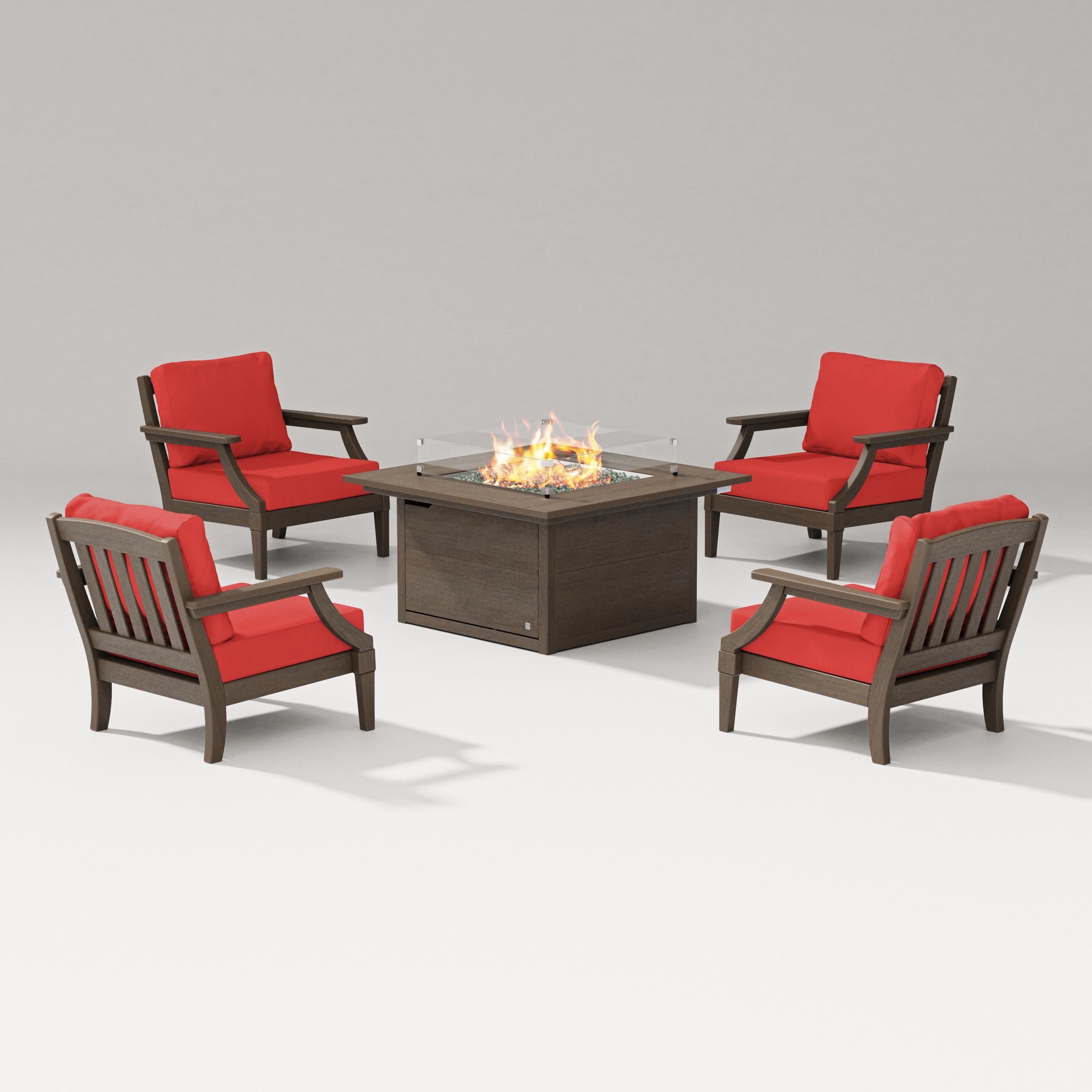 Estate 5-Piece Lounge Fire Table Set in Kona / Crimson Linen
