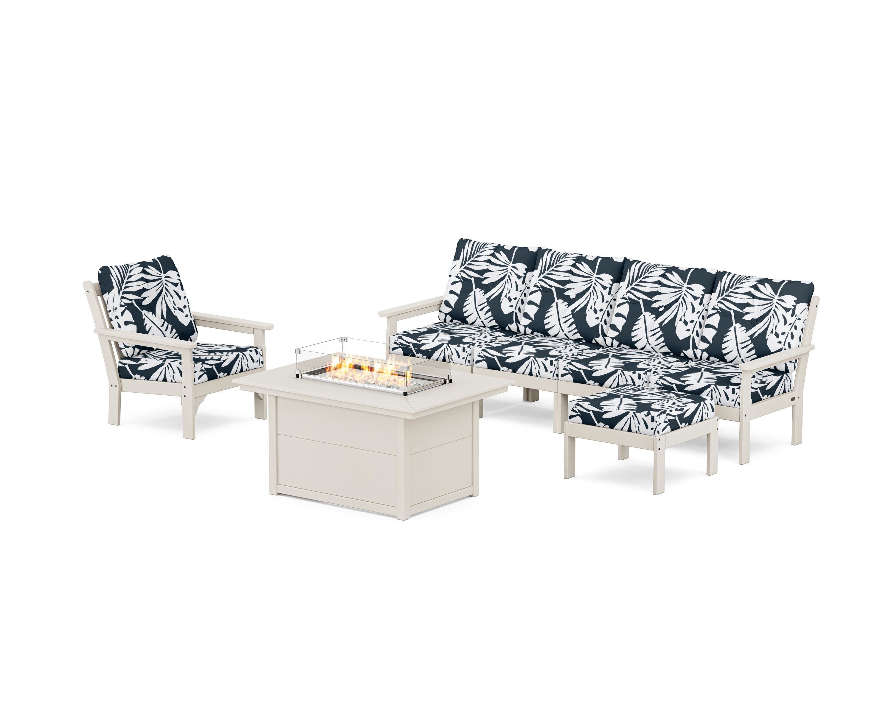 Vineyard Sectional Lounge and Fire Pit Set in Sand / Leaf Marine Indigo