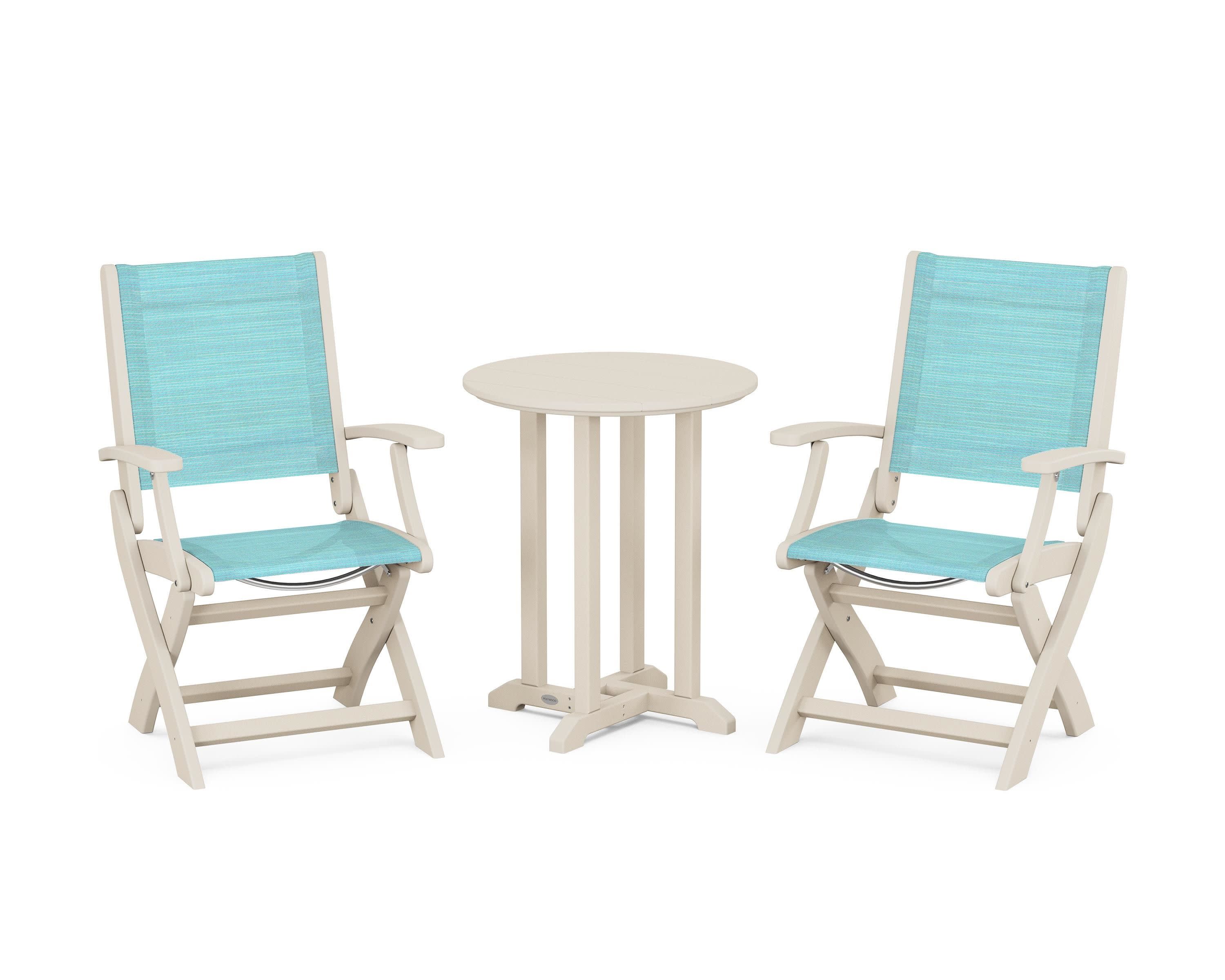 Coastal Folding 3-Piece Round Bistro Dining Set in Sand / Dupioni Aquamarine Sling