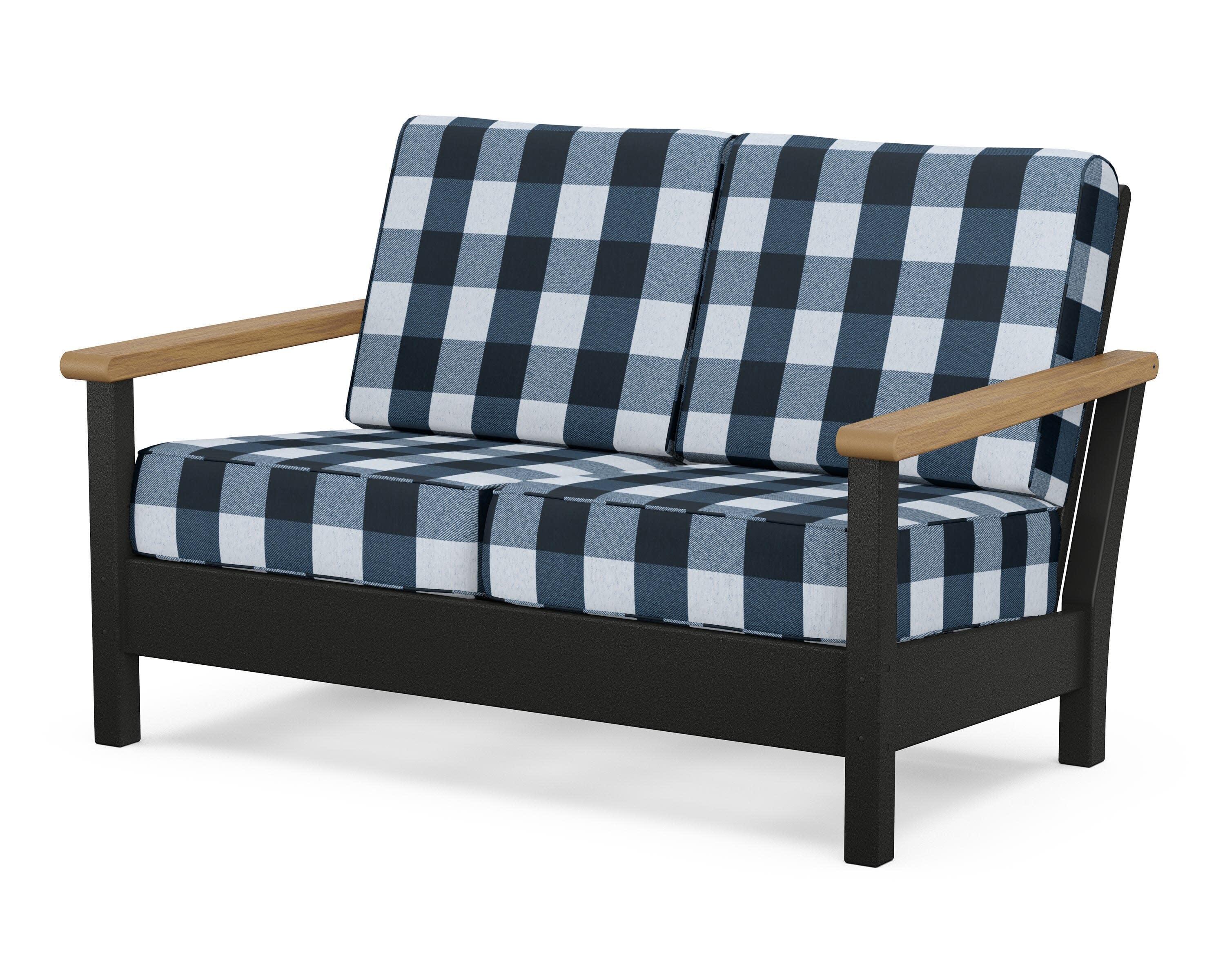 Harbour Deep Seating Loveseat in Black / Natural / Buffalo Plaid Marine Indigo