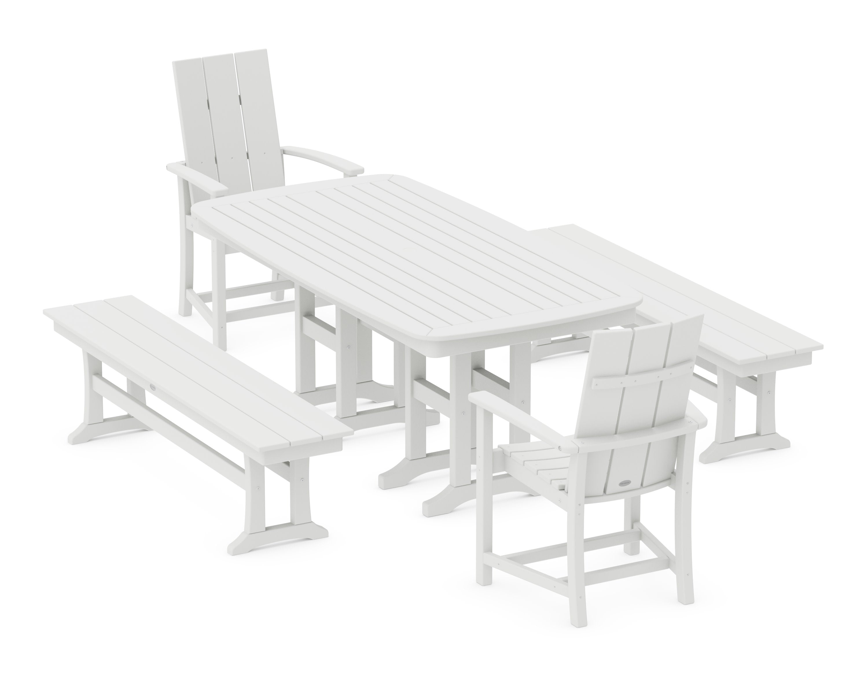 Modern Adirondack 5-Piece Farmhouse Dining Set with Benches in White