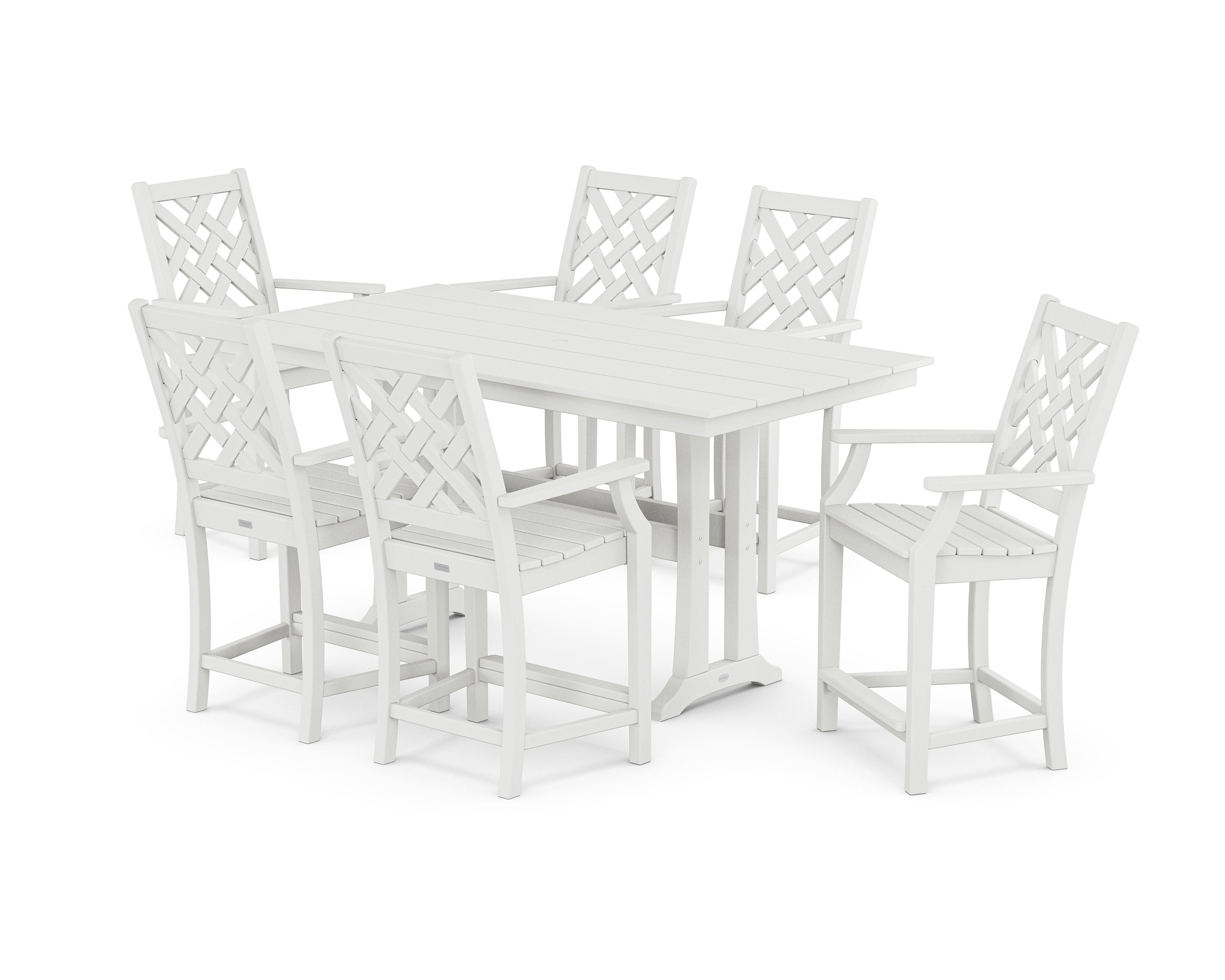 Wovendale Arm Chair 7-Piece Farmhouse Counter Set with Trestle Legs in White