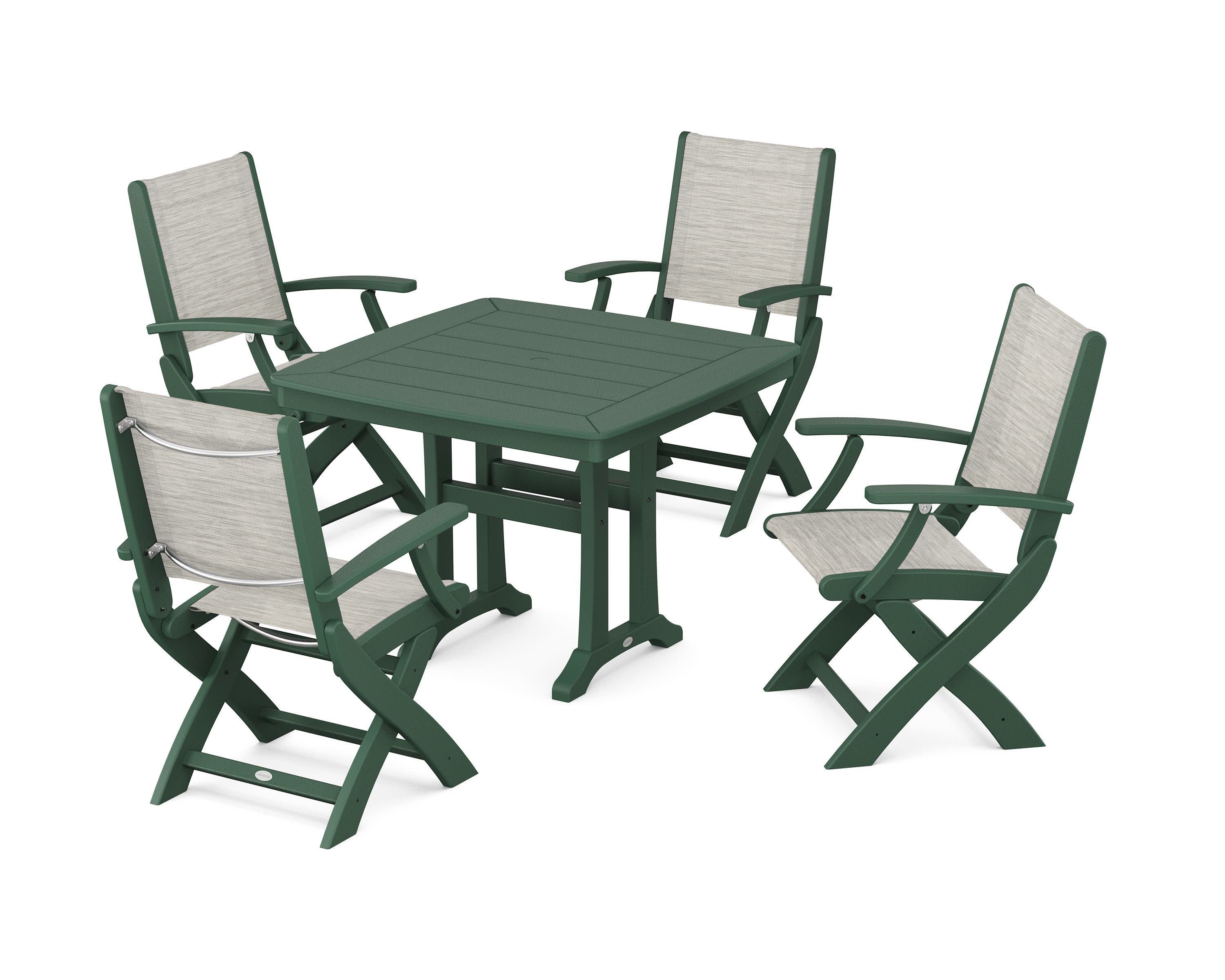 Coastal Folding Chair 5-Piece Dining Set with Trestle Legs in Green / Birch Sling