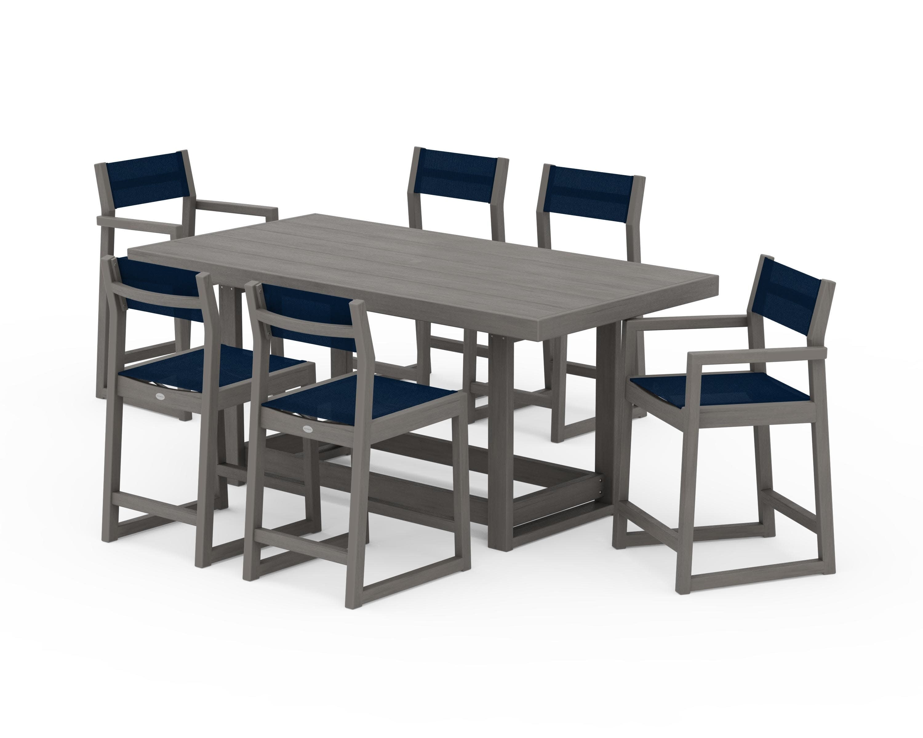 EDGE Sling 7-Piece Counter Table Set in Driftwood / Navy Blue Sling