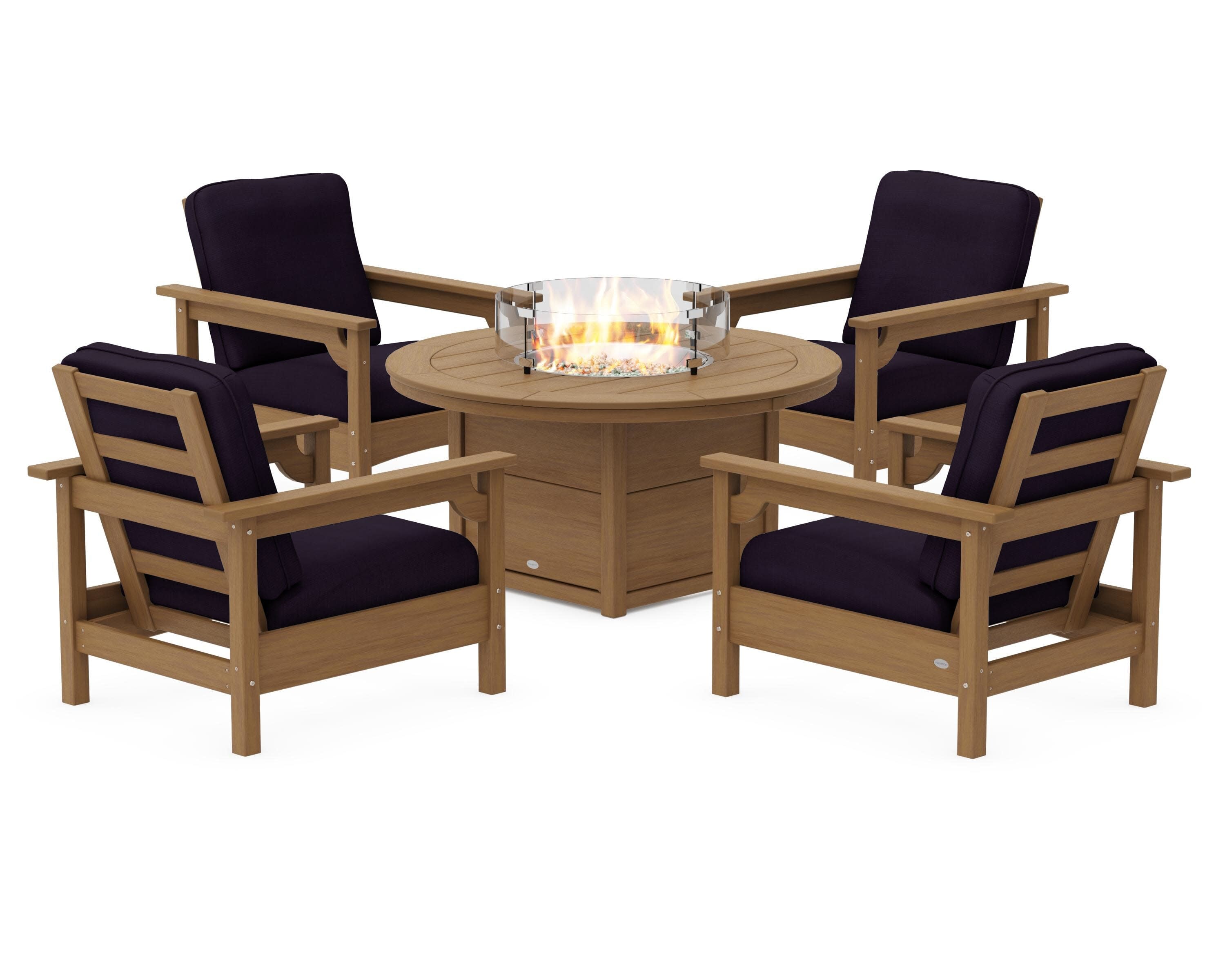 Club 5-Piece Conversation Set with Fire Pit Table in Natural / Navy Linen