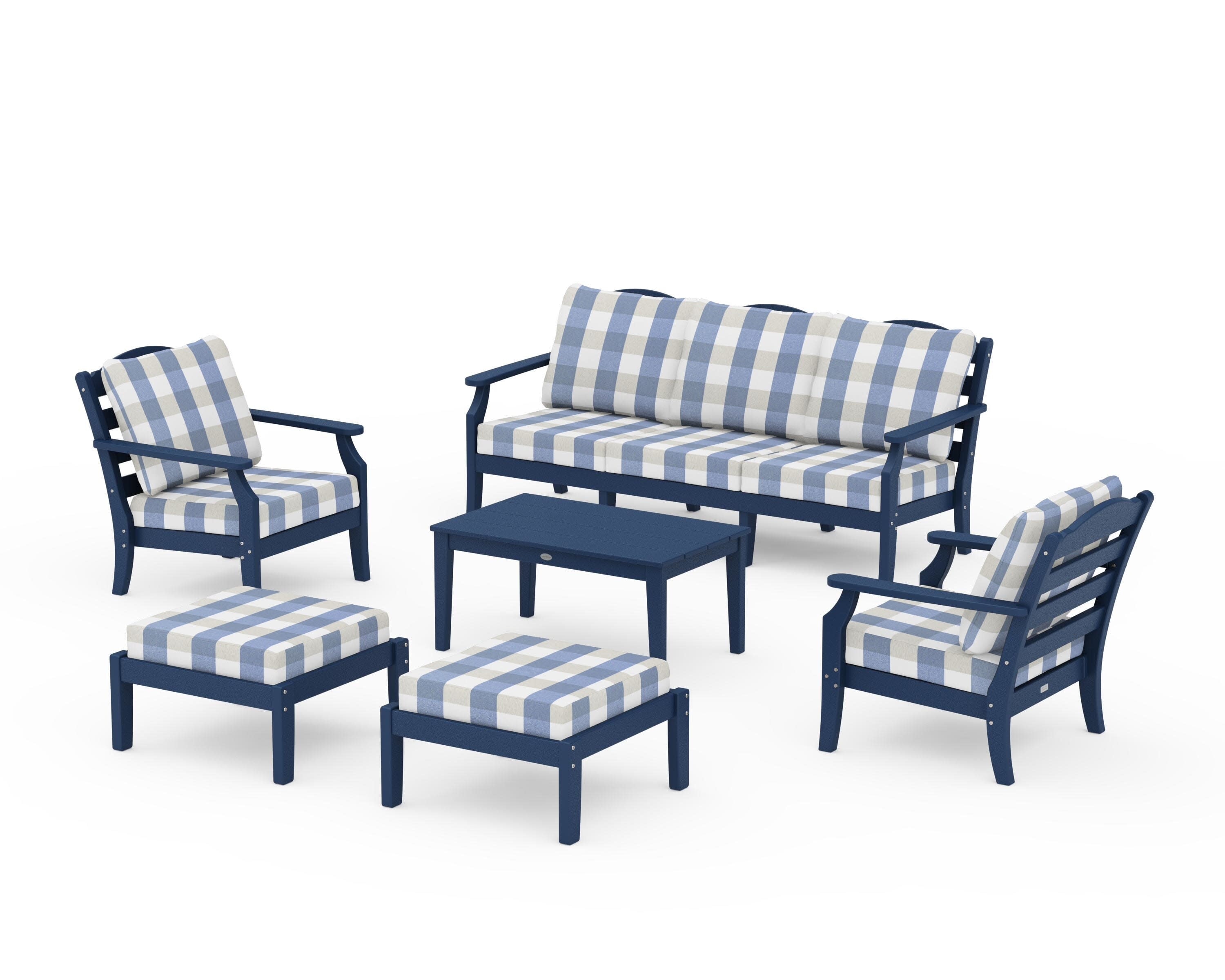 Savannah 6-Piece Lounge Sofa Set in Navy / Buffalo Plaid Sky Blue
