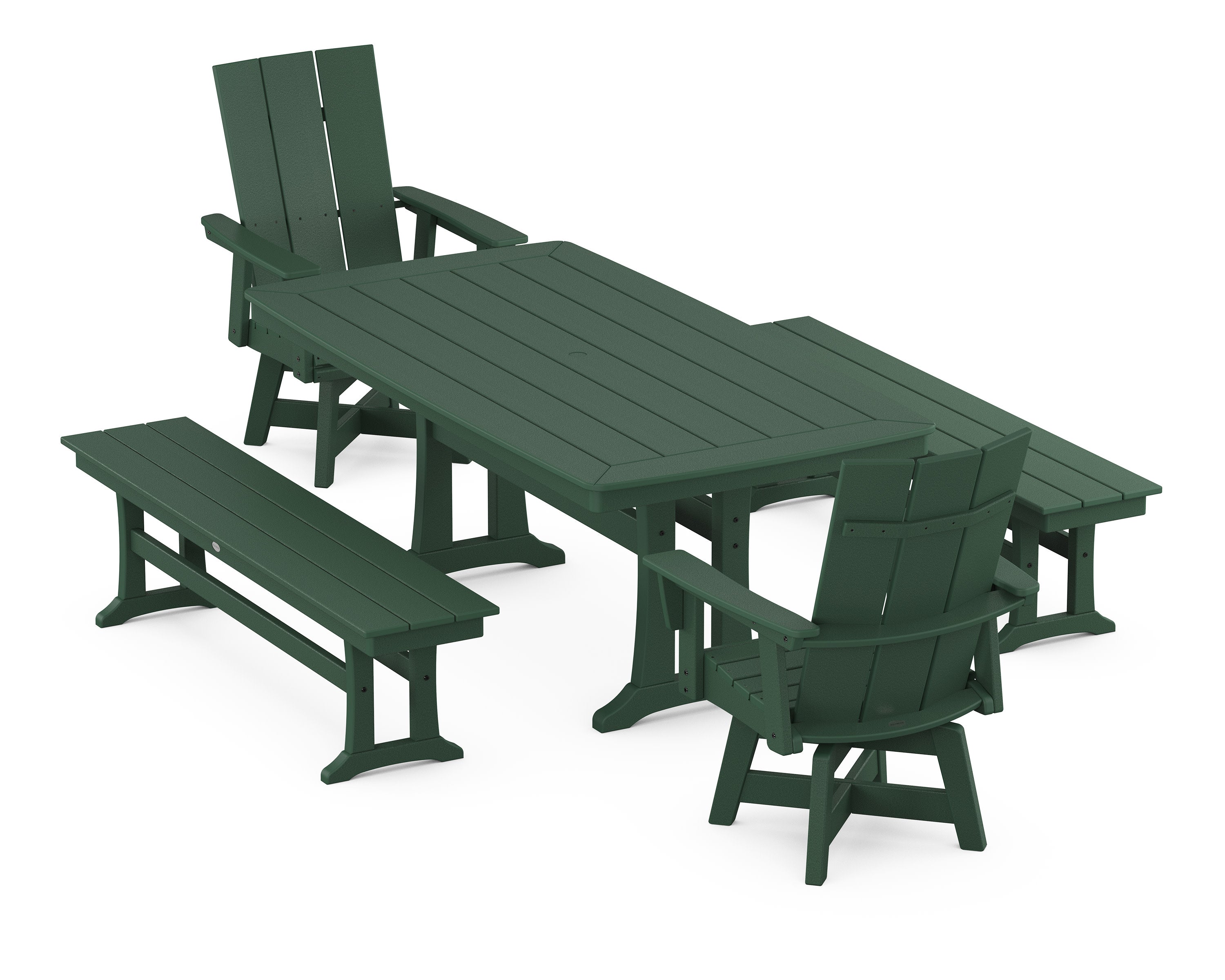 Modern Curveback Adirondack Swivel Chair 5-Piece Dining Set with Trestle Legs and Benches in Green