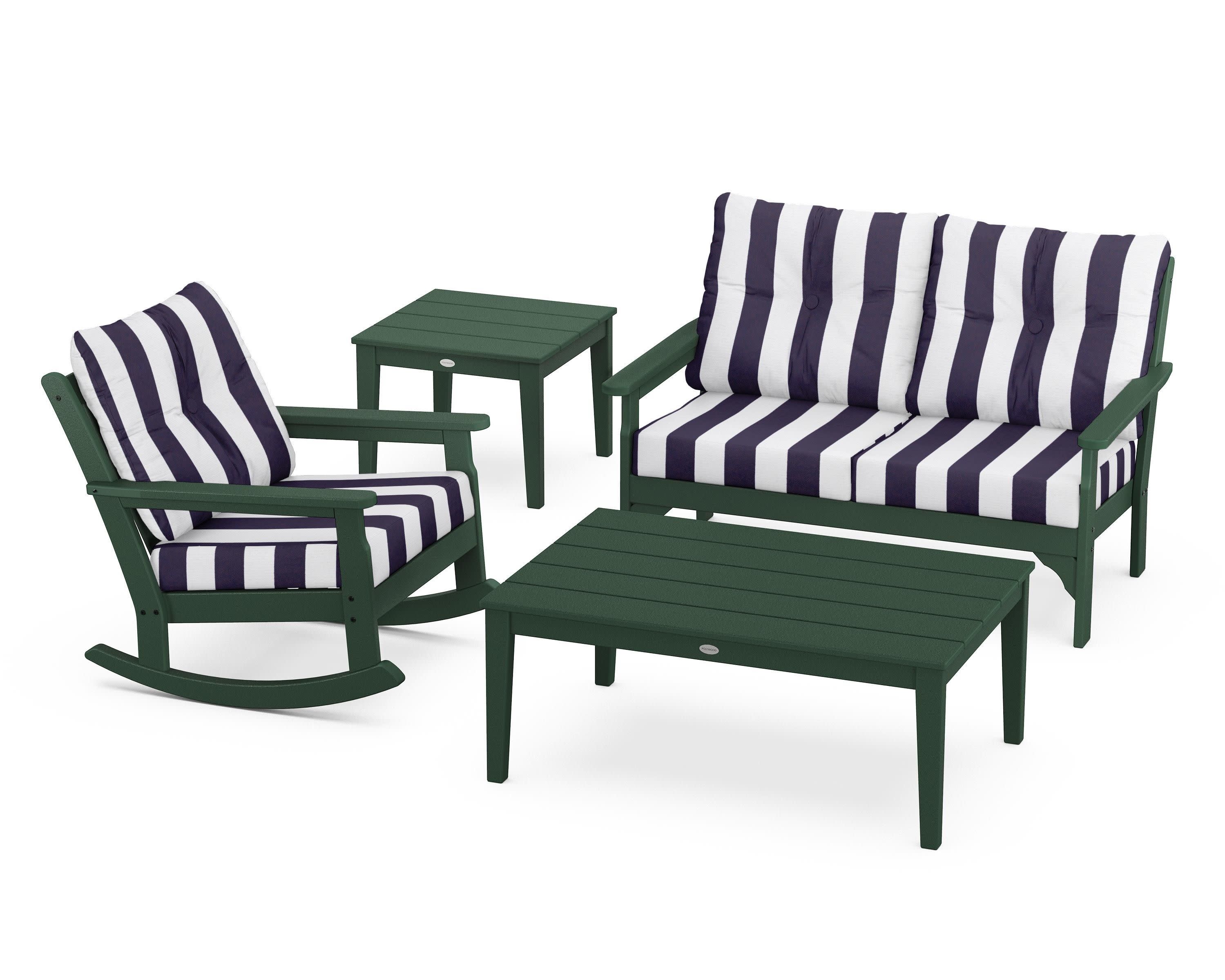Vineyard 4-Piece Deep Seating Rocker Set in Green / Cabana Stripe Navy