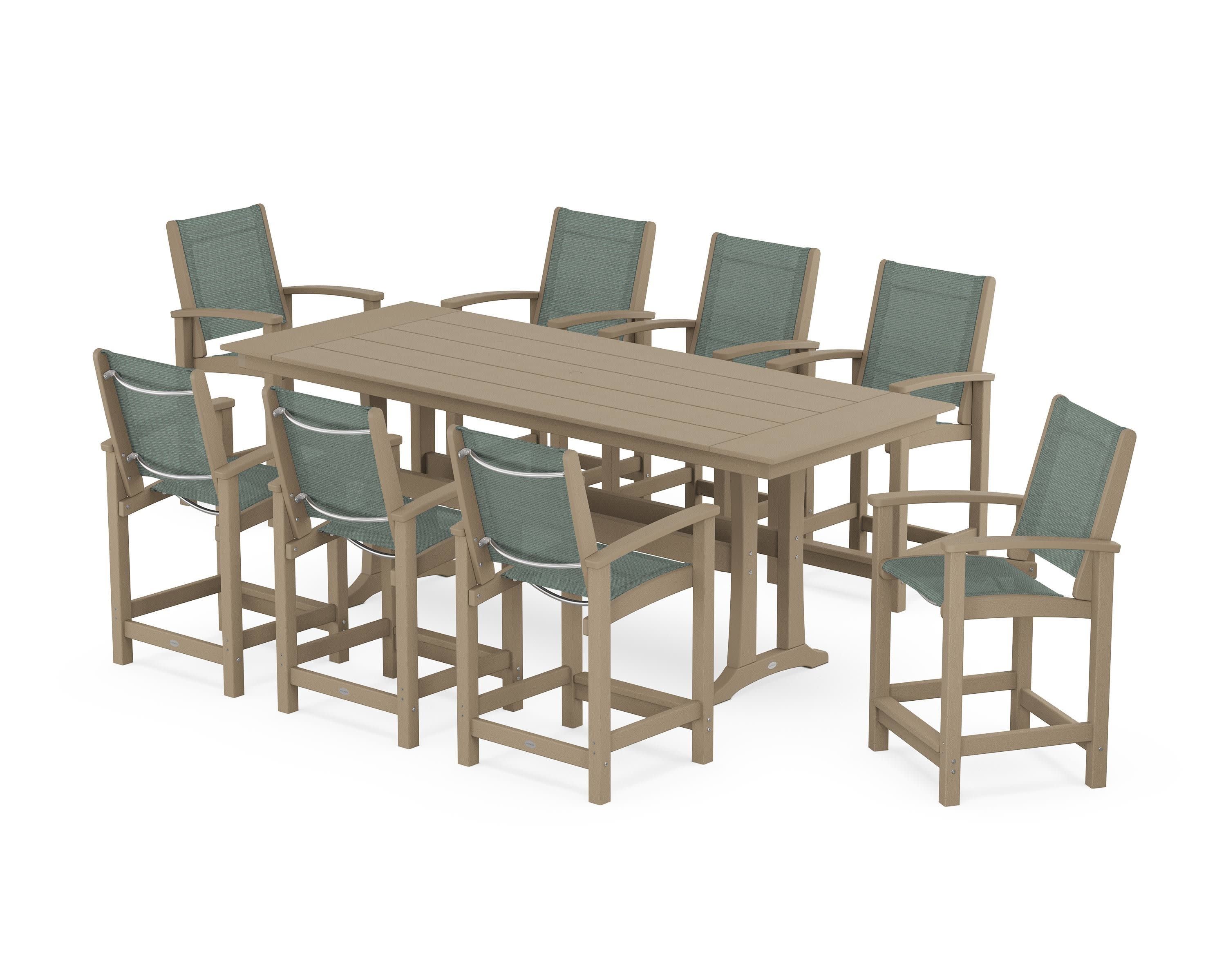 Coastal 9-Piece Farmhouse Counter Set with Trestle Legs in Vintage Sahara / Dupioni Sea Mist Sling