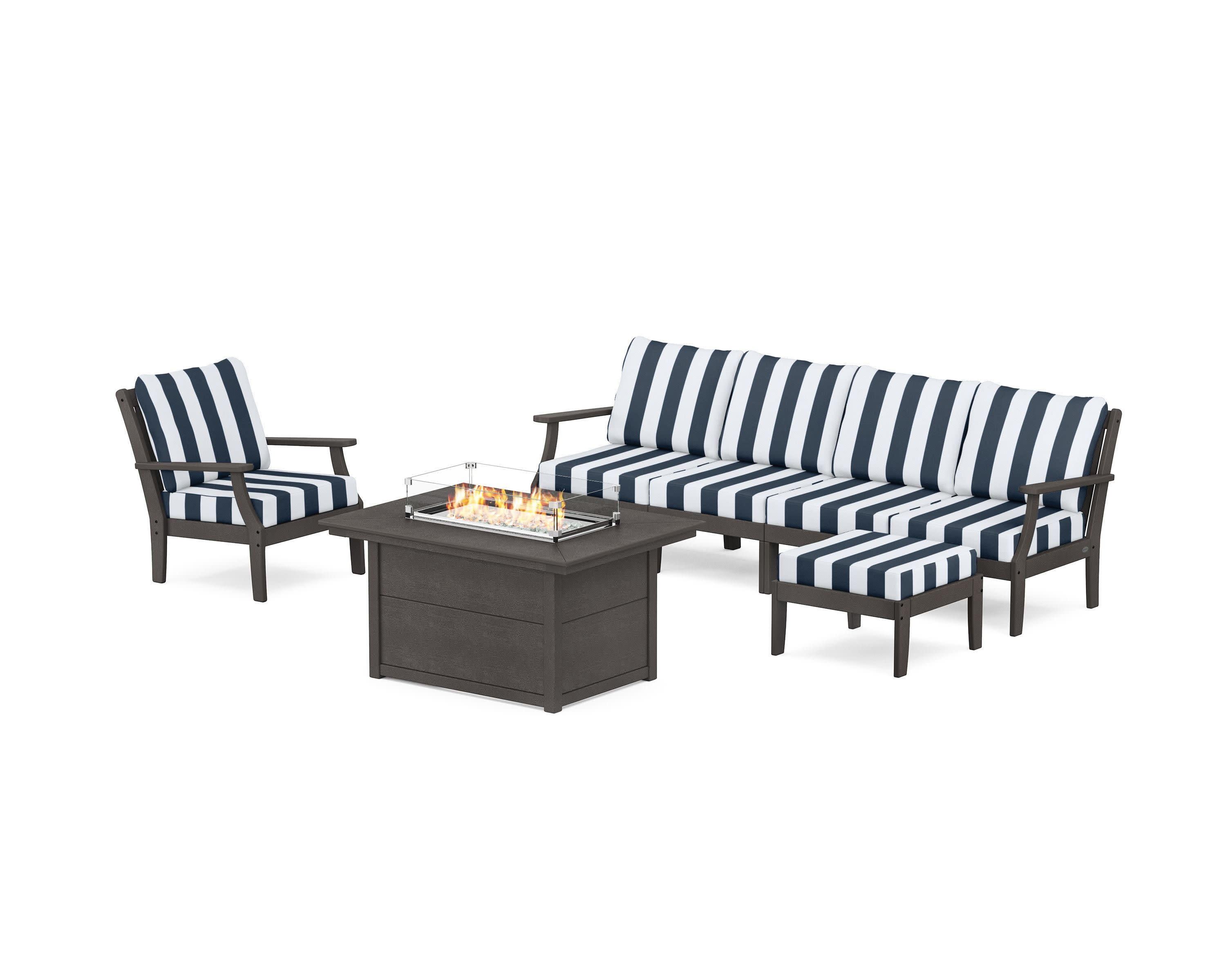 Braxton Sectional Lounge and Fire Pit Set in Vintage Coffee / Cabana Stripe Marine Indigo