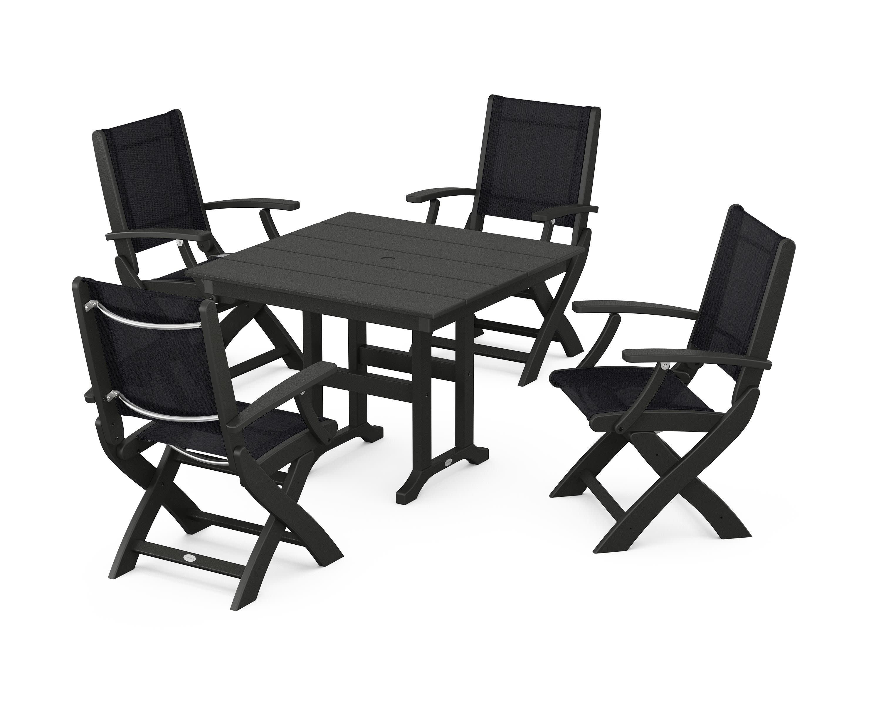 Coastal Folding Chair 5-Piece Farmhouse Dining Set in Black / Black Sling