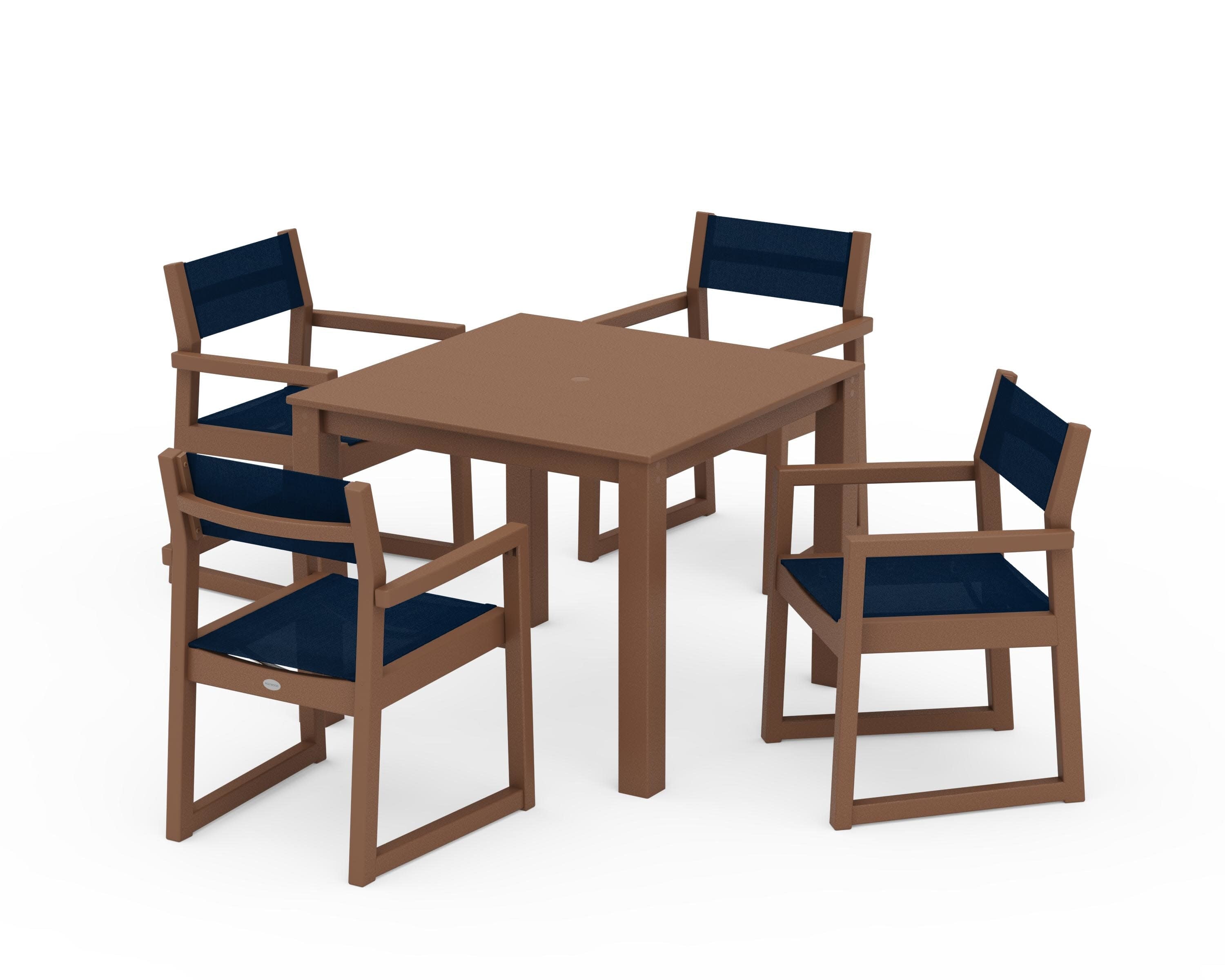EDGE Sling Arm Chair 5-Piece Parsons Dining Set in Teak / Navy Blue Sling
