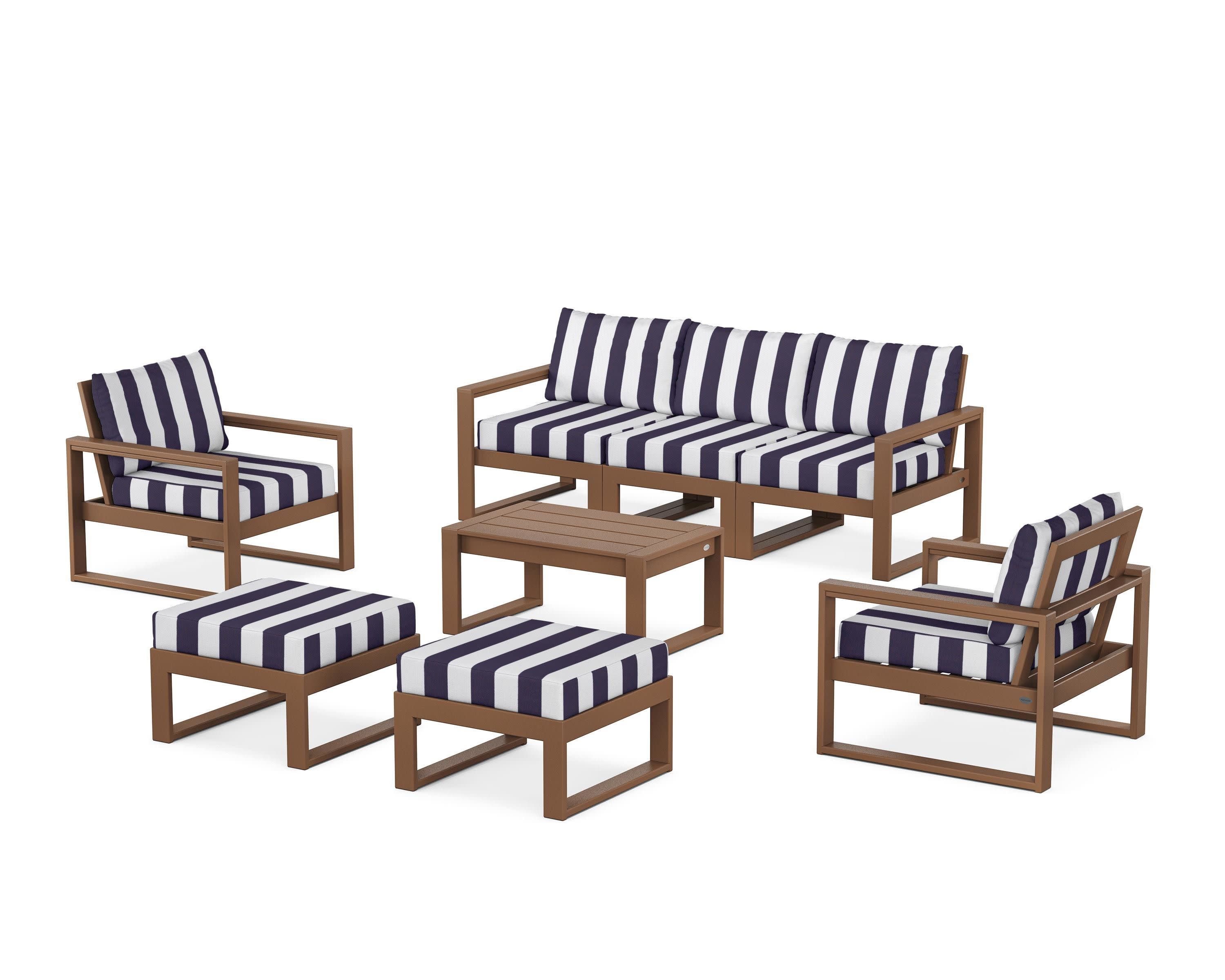 EDGE Sectional 8-Piece Lounge Sofa Set in Teak / Cabana Stripe Navy
