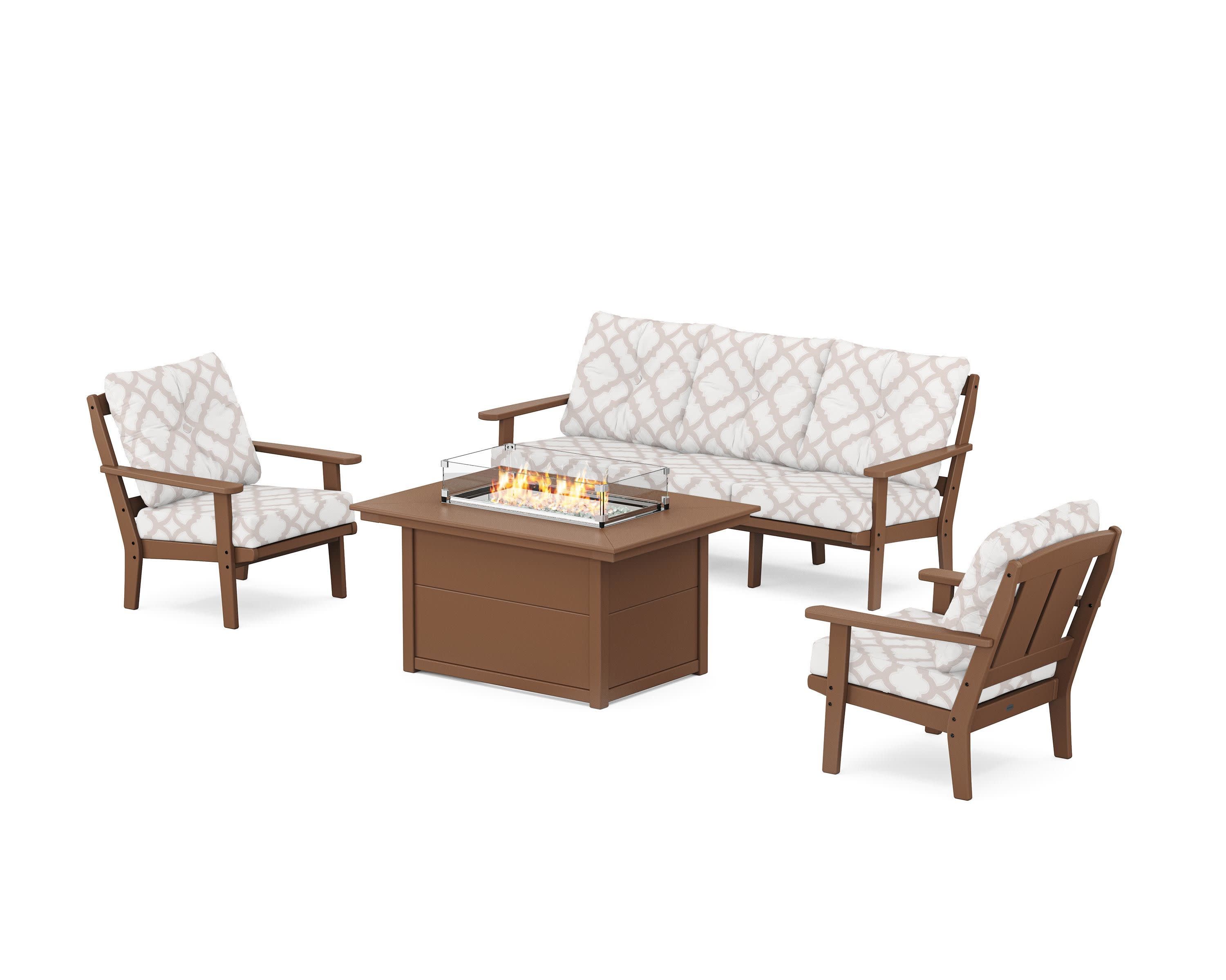 Mission Deep Seating Fire Pit Table Set in Teak / Trellis Dune Burlap
