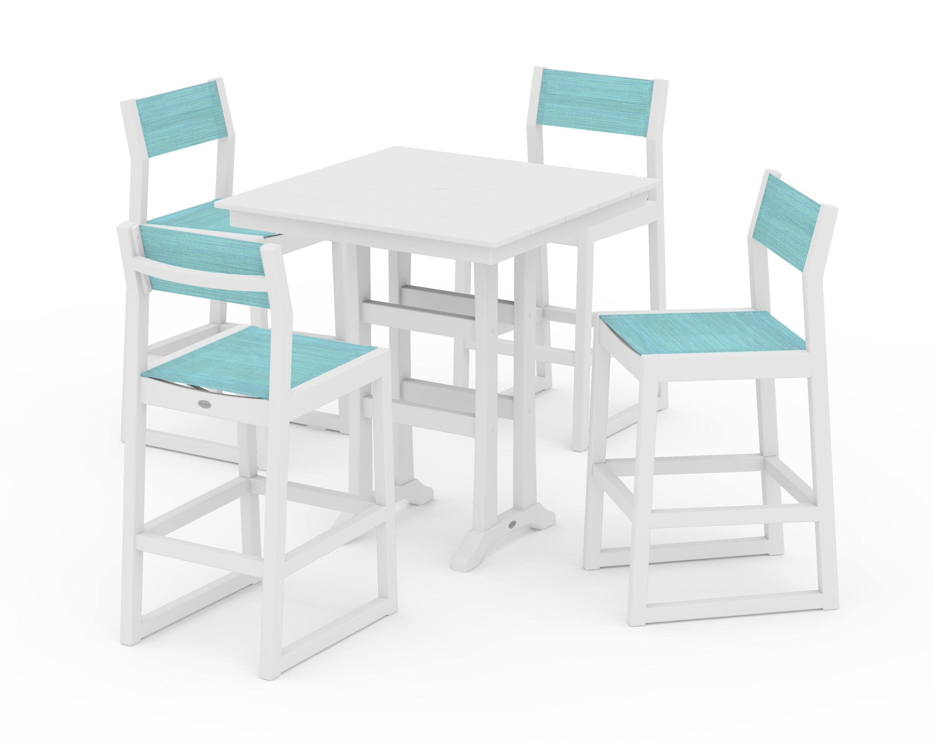 EDGE Sling Arm Chair 5-Piece Farmhouse Bar Set with Trestle Legs in White / Dupioni Aquamarine Sling