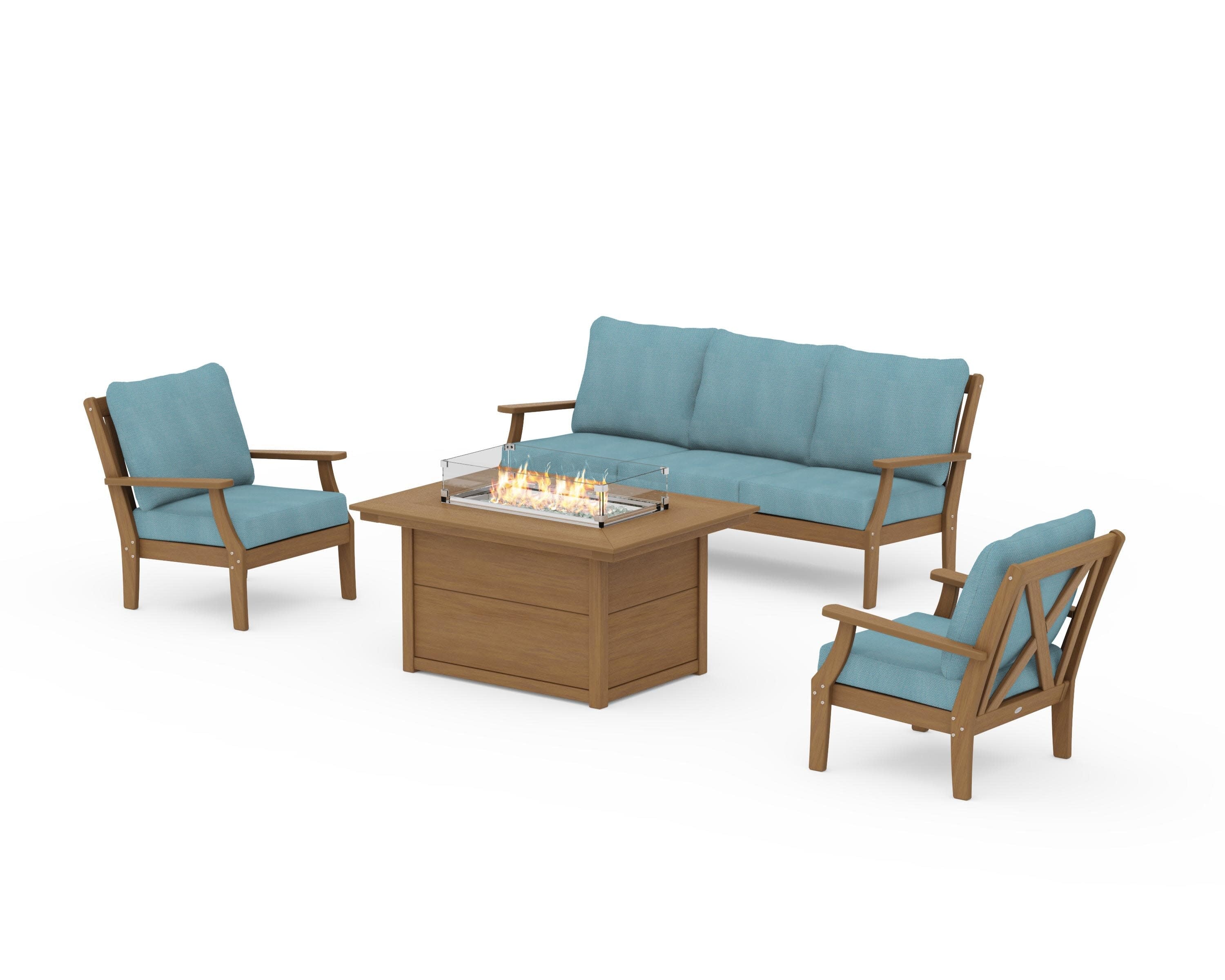 Braxton Deep Seating Fire Pit Table Set in Natural / Lattice Sky Blue