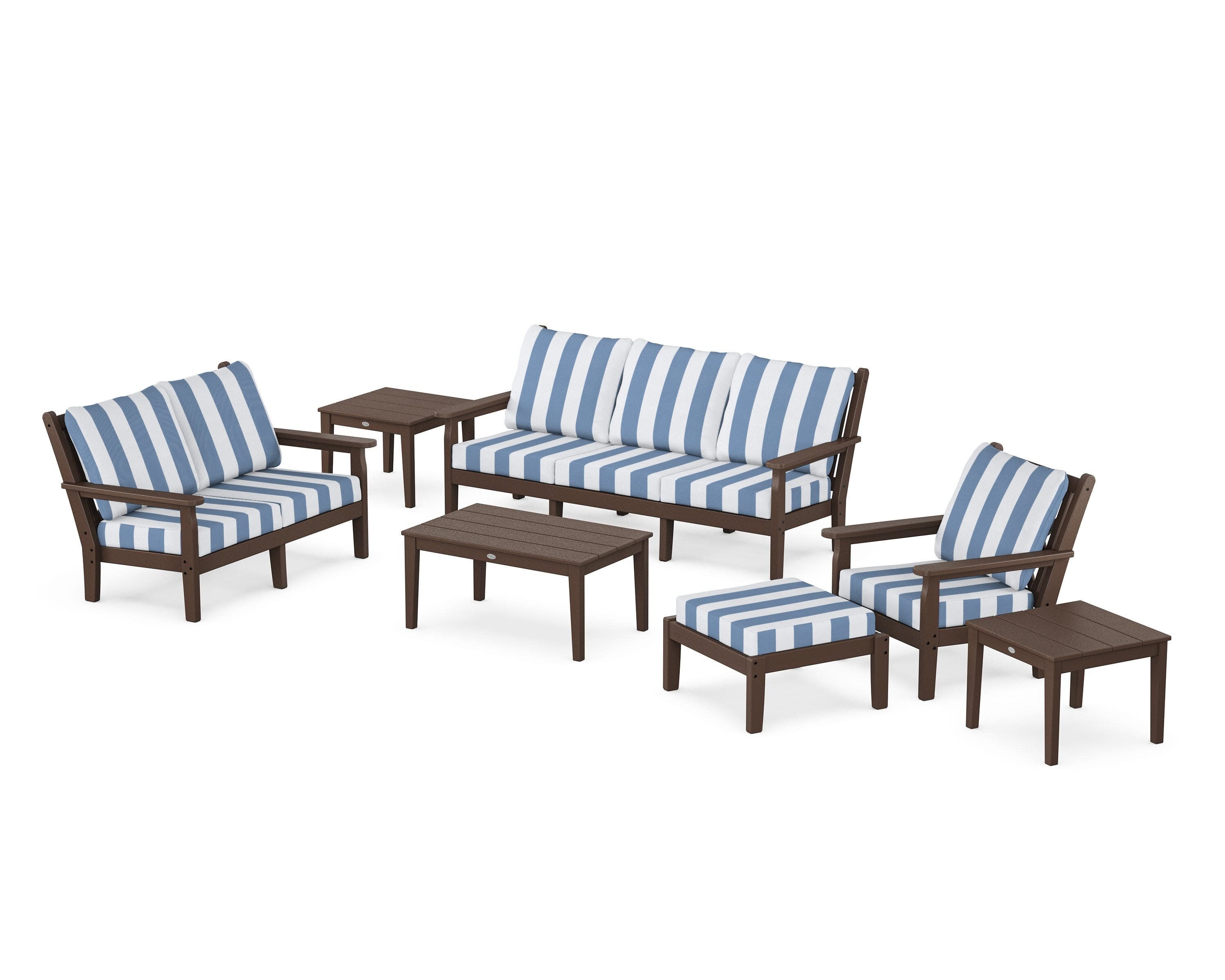 Chippendale 7-Piece Deep Seating Set in Mahogany / Cabana Stripe Sky Blue