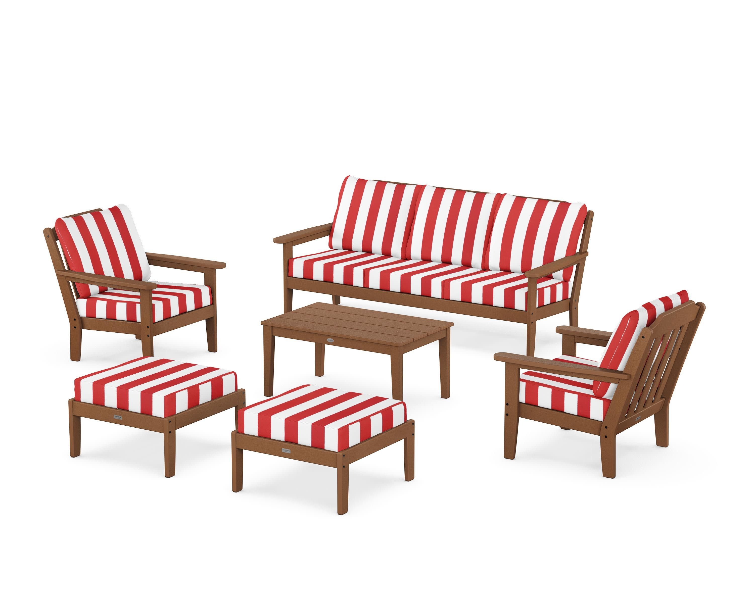 Cottage 6-Piece Lounge Sofa Set in Teak / Cabana Stripe Crimson