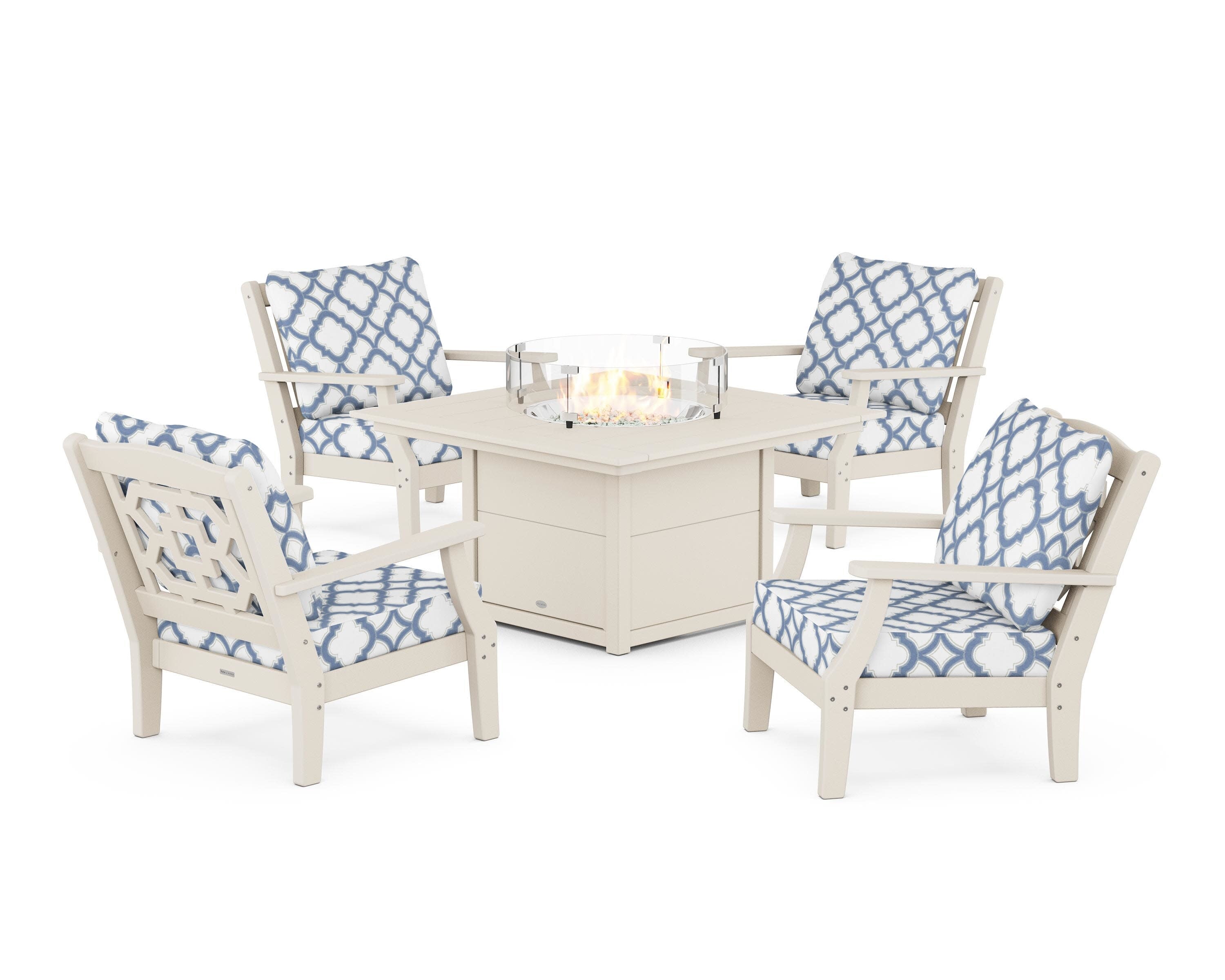 Chinoiserie 5-Piece Deep Seating Set with Fire Pit Table in Sand / Trellis Sky Blue