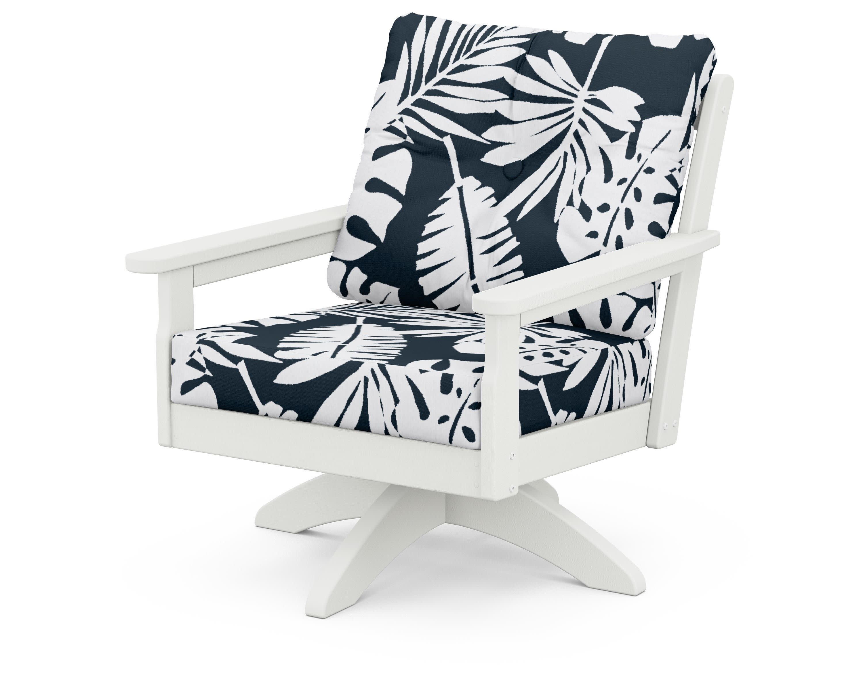 Vineyard Deep Seating Swivel Chair in Vintage White / Leaf Marine Indigo