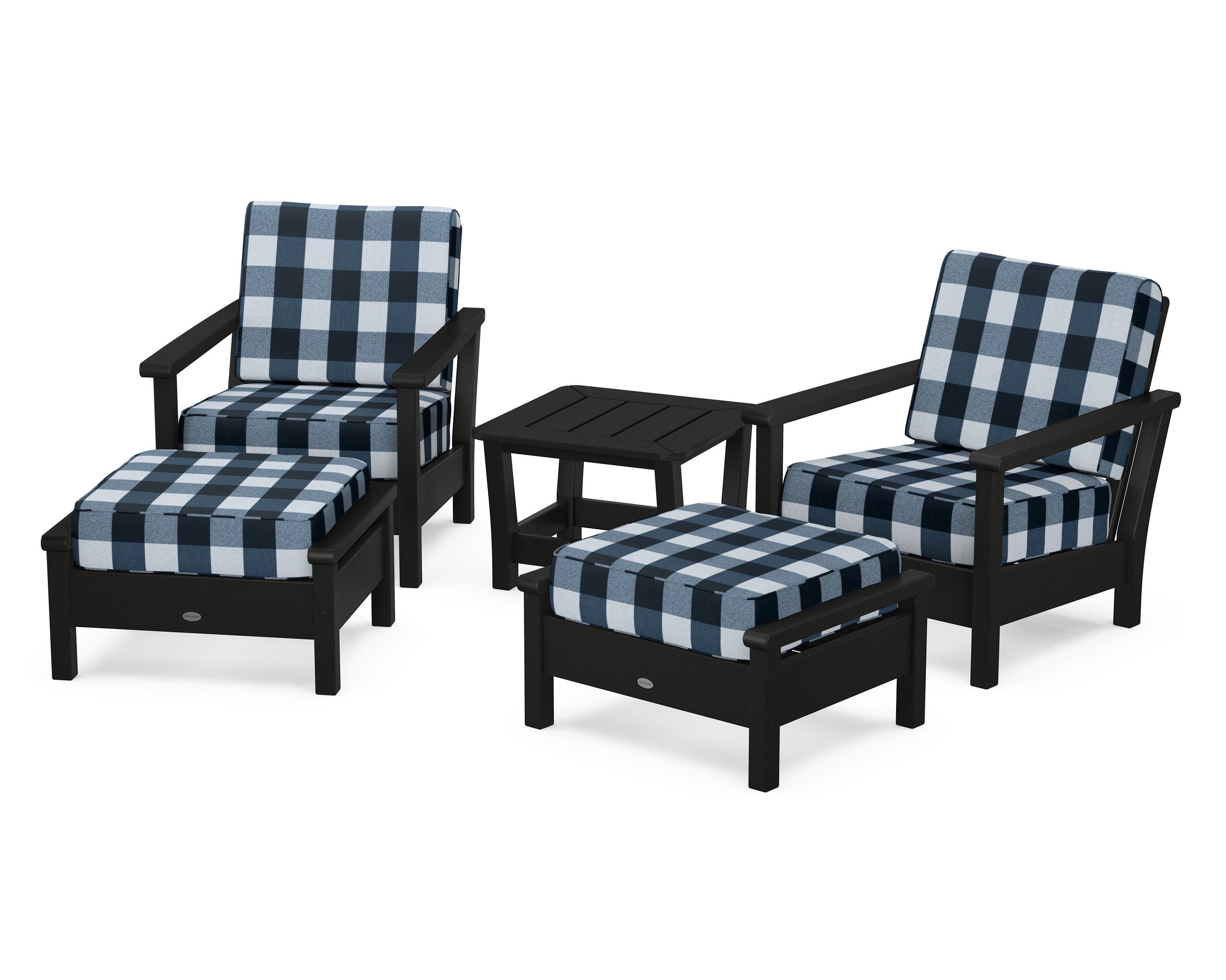 Harbour 5-Piece Deep Seating Chair Set in Black / Buffalo Plaid Marine Indigo