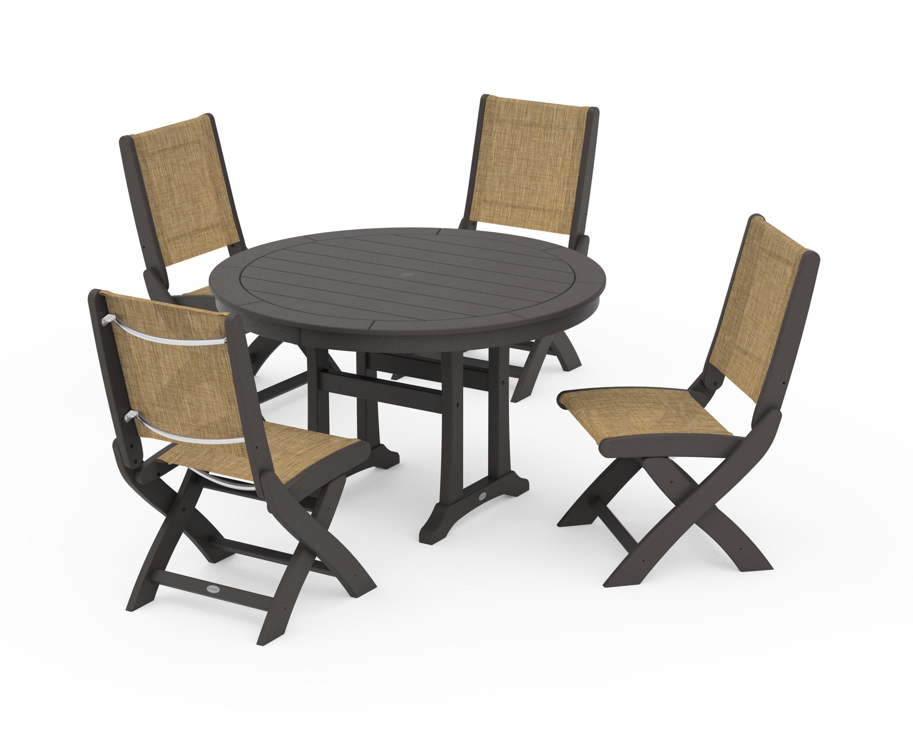 Coastal Folding Side Chair 5-Piece Round Dining Set With Trestle Legs in Vintage Coffee / Burlap Sling