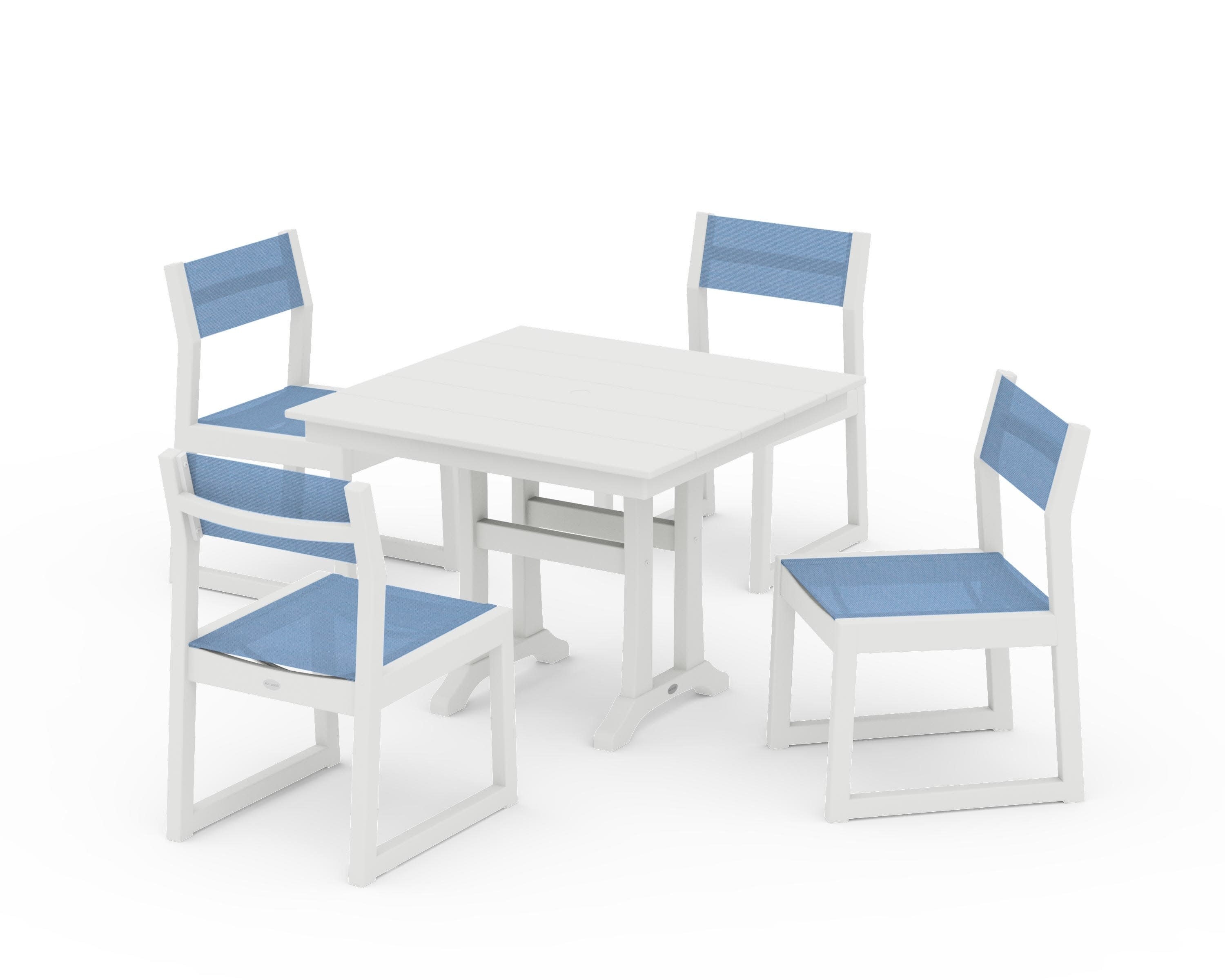 EDGE Sling 5-Piece Farmhouse Trestle Side Chair Dining Set in Vintage White / Poolside Sling