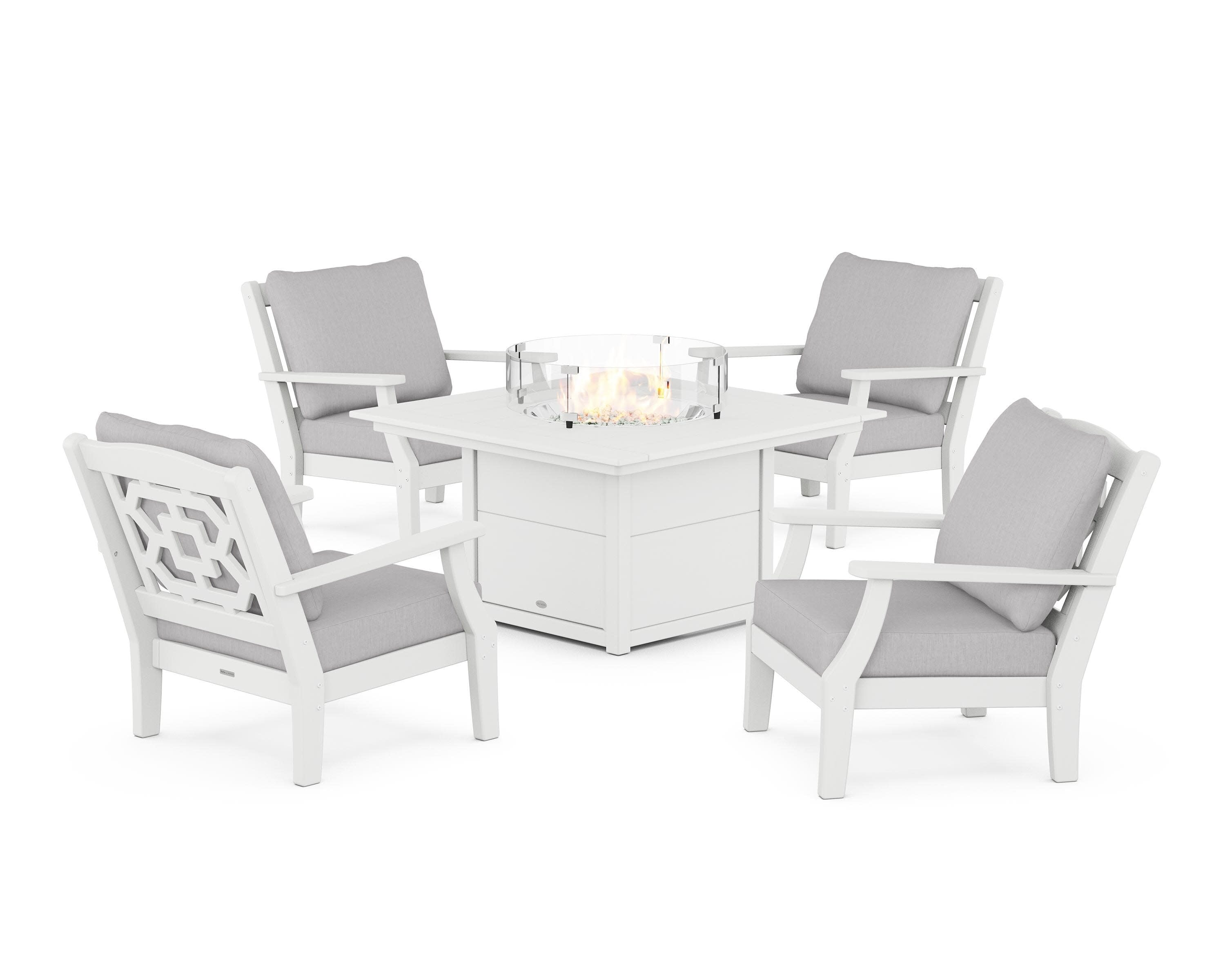 Chinoiserie 5-Piece Deep Seating Set with Fire Pit Table in White / Granite