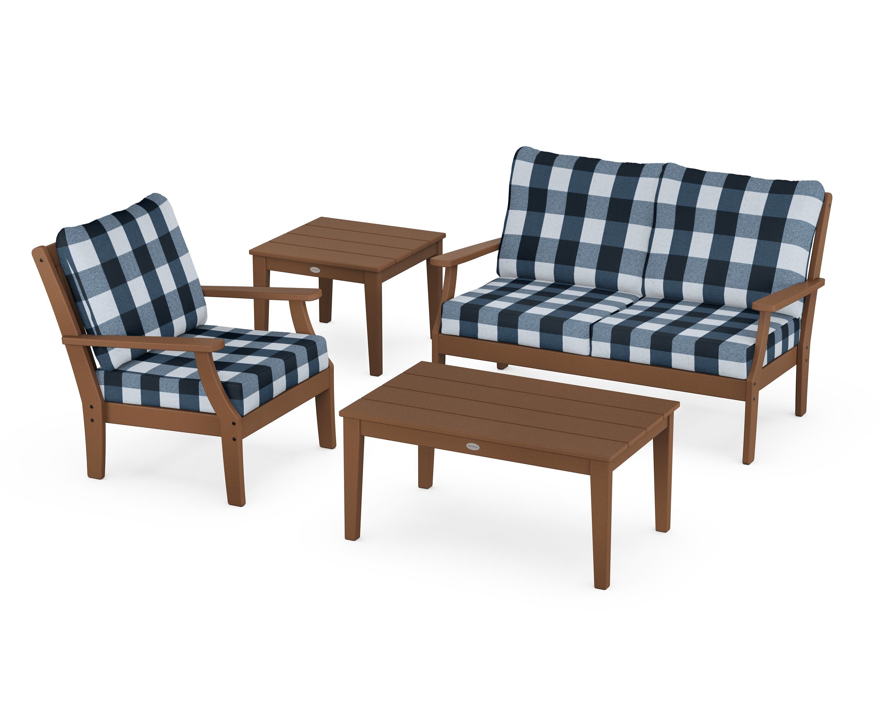Braxton 4-Piece Deep Seating Set in Teak / Buffalo Plaid Marine Indigo