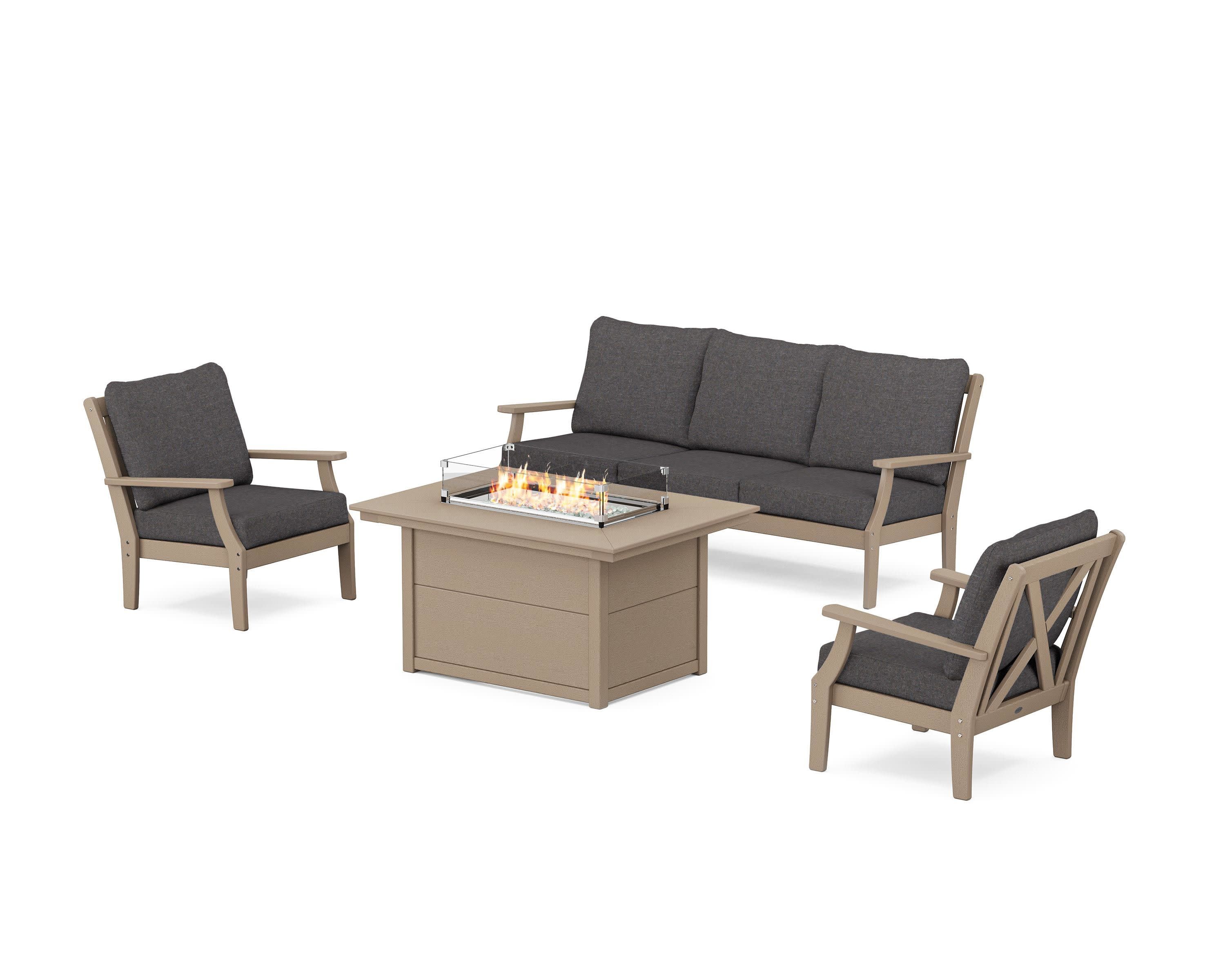Braxton Deep Seating Fire Pit Table Set in Vintage Sahara / Ash Charcoal