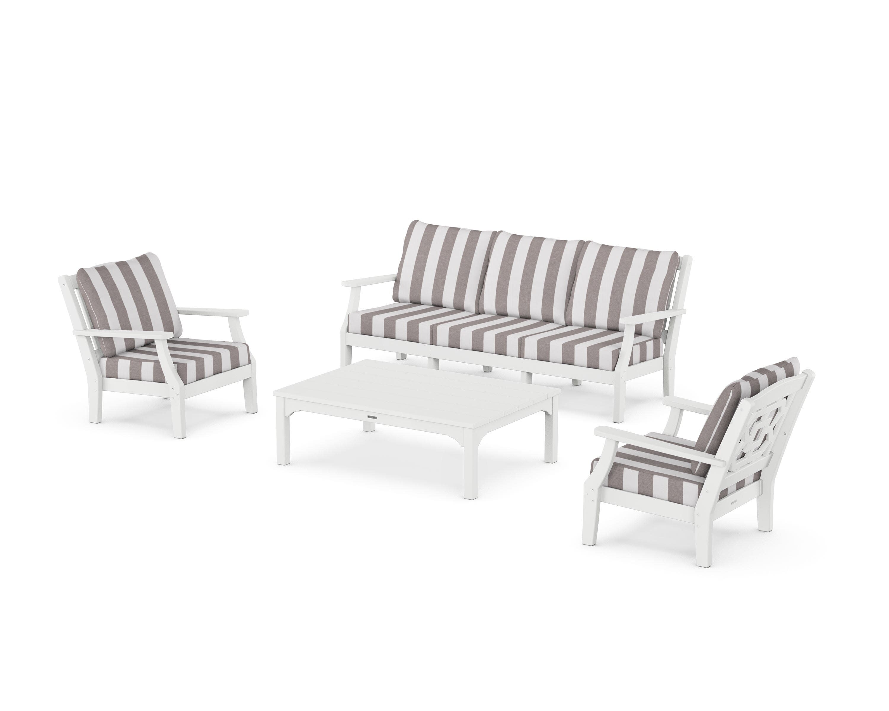 Chinoiserie 4-Piece Deep Seating Set with Sofa in White / Cabana Stripe Grey Mist