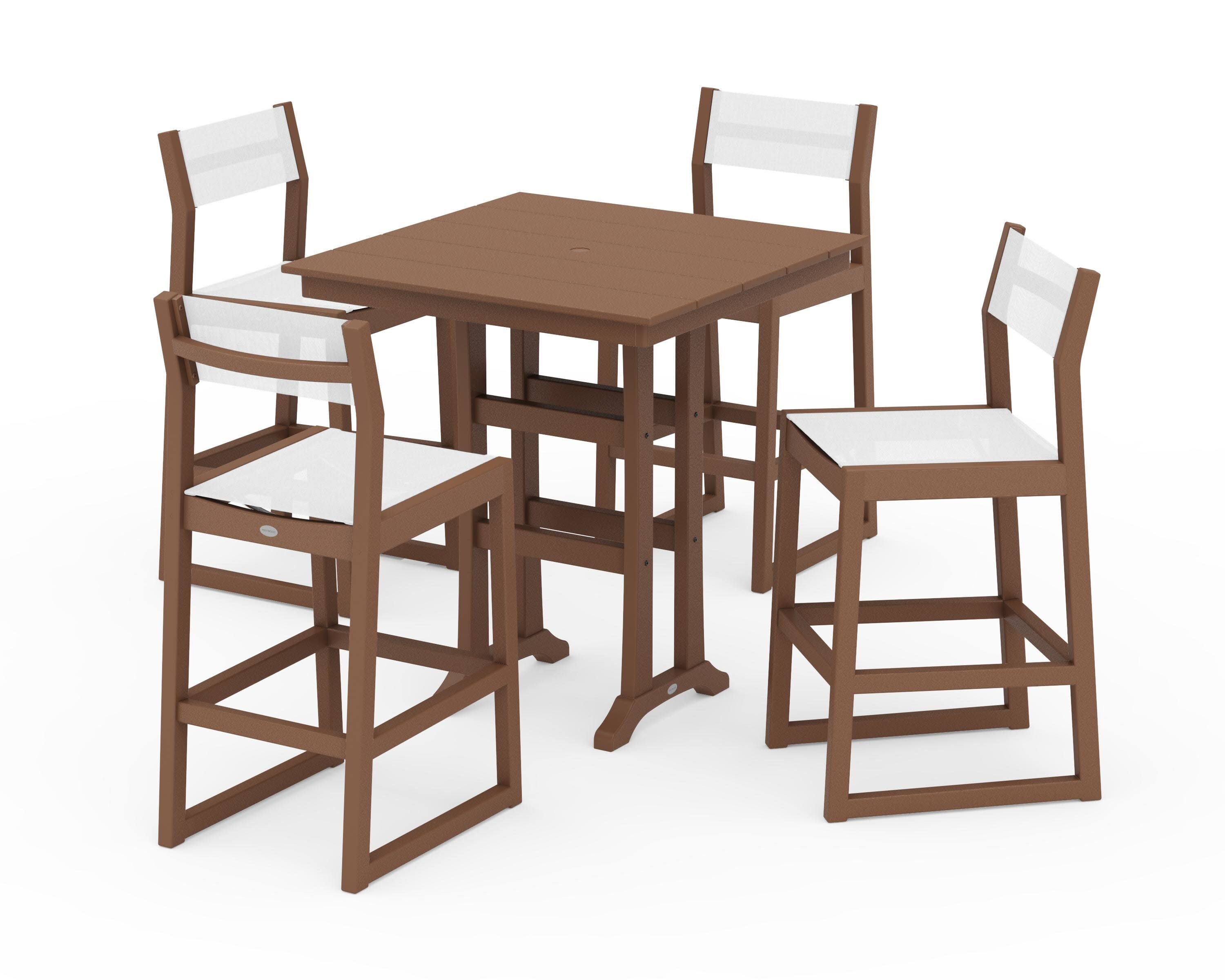 EDGE Sling Arm Chair 5-Piece Farmhouse Bar Set with Trestle Legs in Teak / White Sling