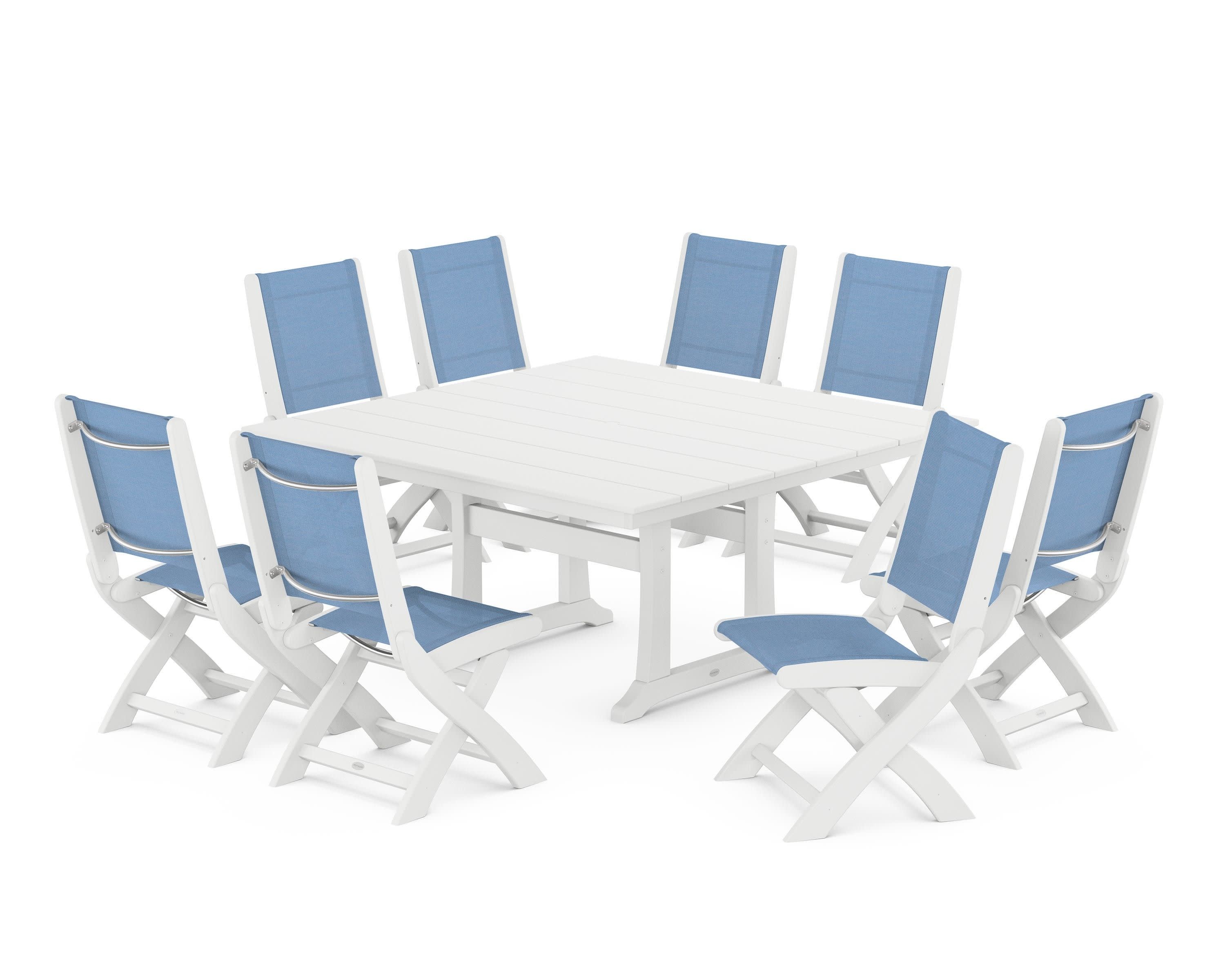 Coastal Folding Side Chair 9-Piece Farmhouse Dining Set in White / Poolside Sling