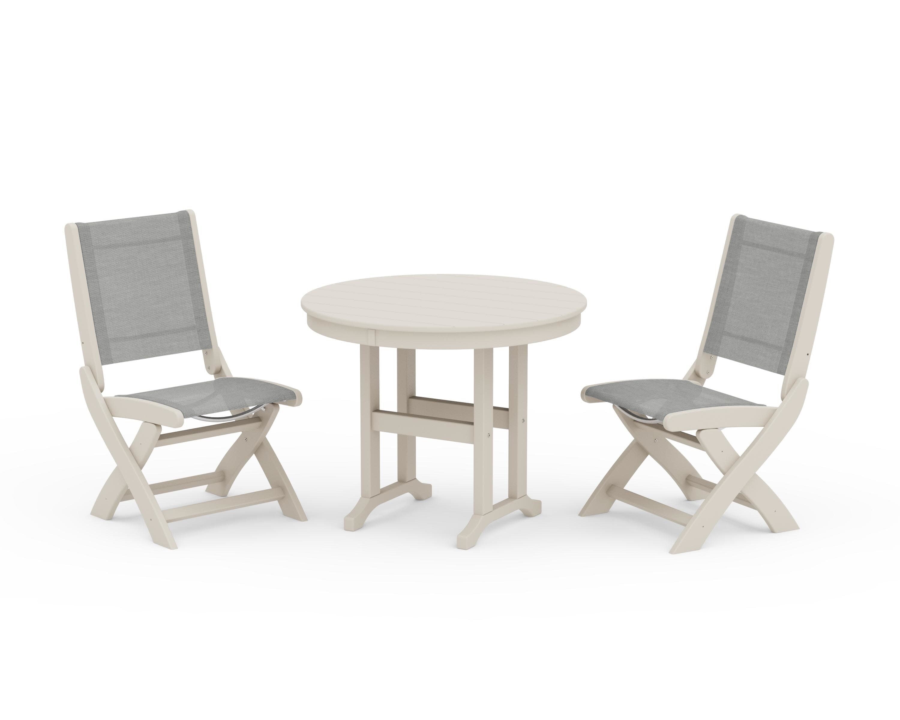 Coastal Folding Side Chair 3-Piece Round Dining Set in Sand / Metallic Sling