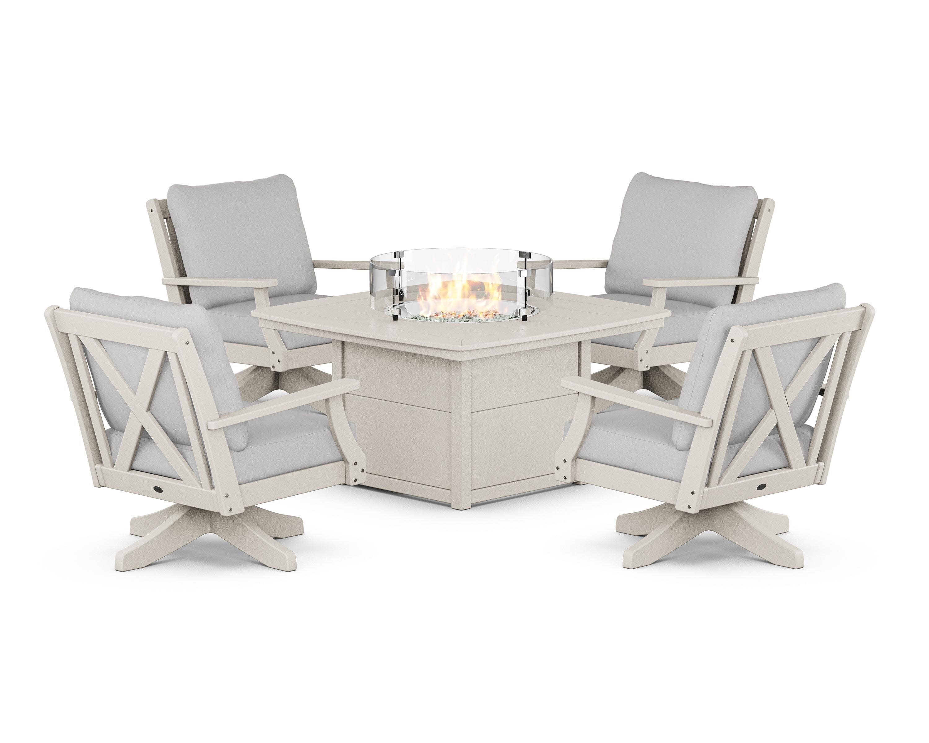 Braxton 5-Piece Deep Seating Swivel Conversation Set with Fire Pit Table in Sand / Diamond in the Rough