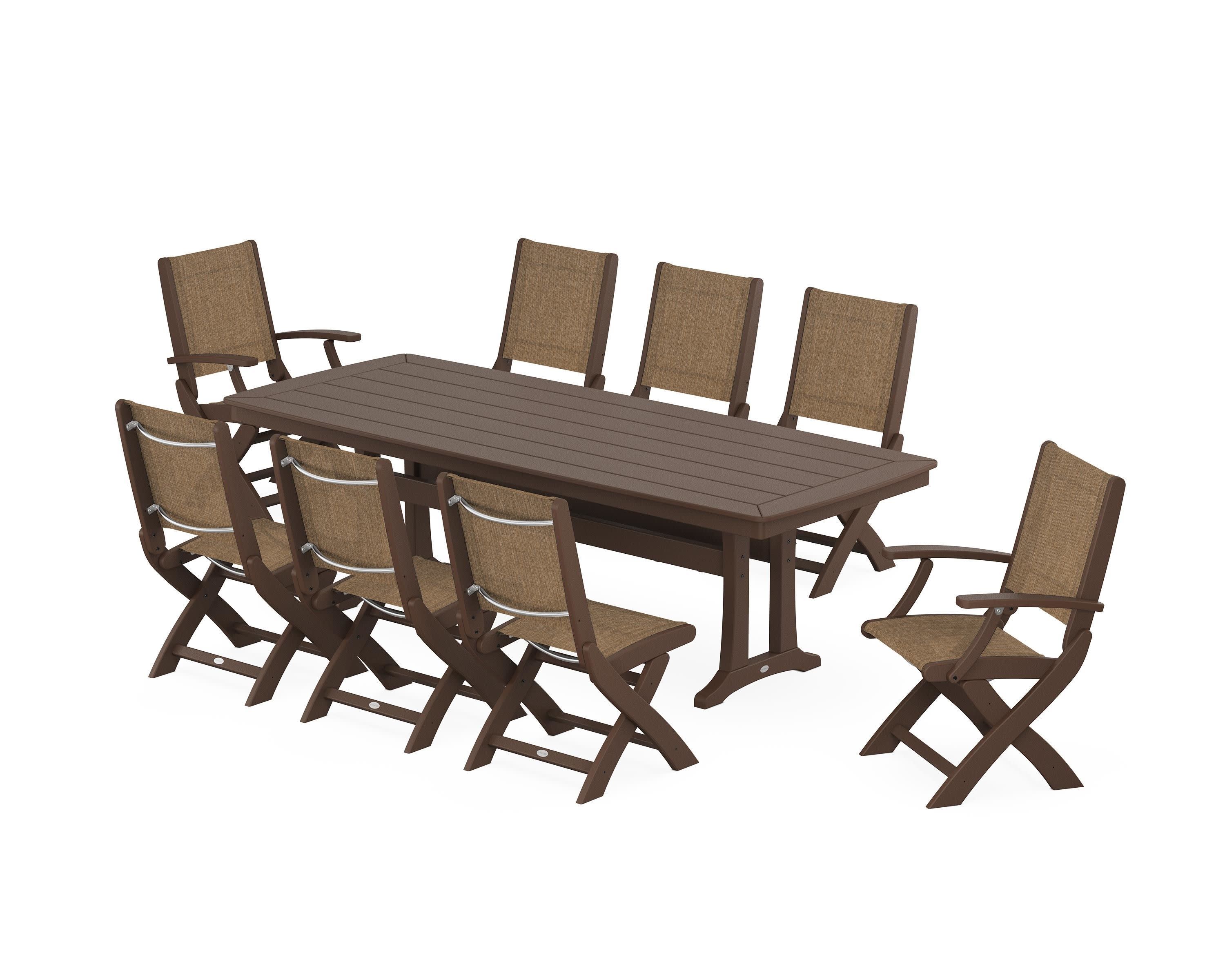 Coastal Folding 9-Piece Dining Set with Trestle Legs in Mahogany / Burlap Sling
