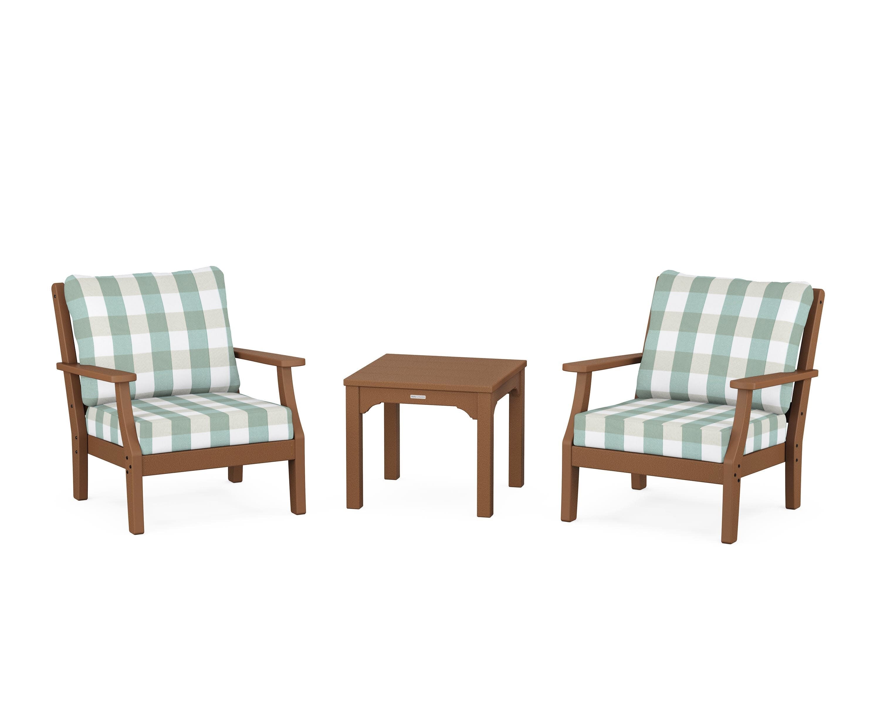 Chinoiserie 3-Piece Deep Seating Set in Teak / Buffalo Plaid Glacier Spa