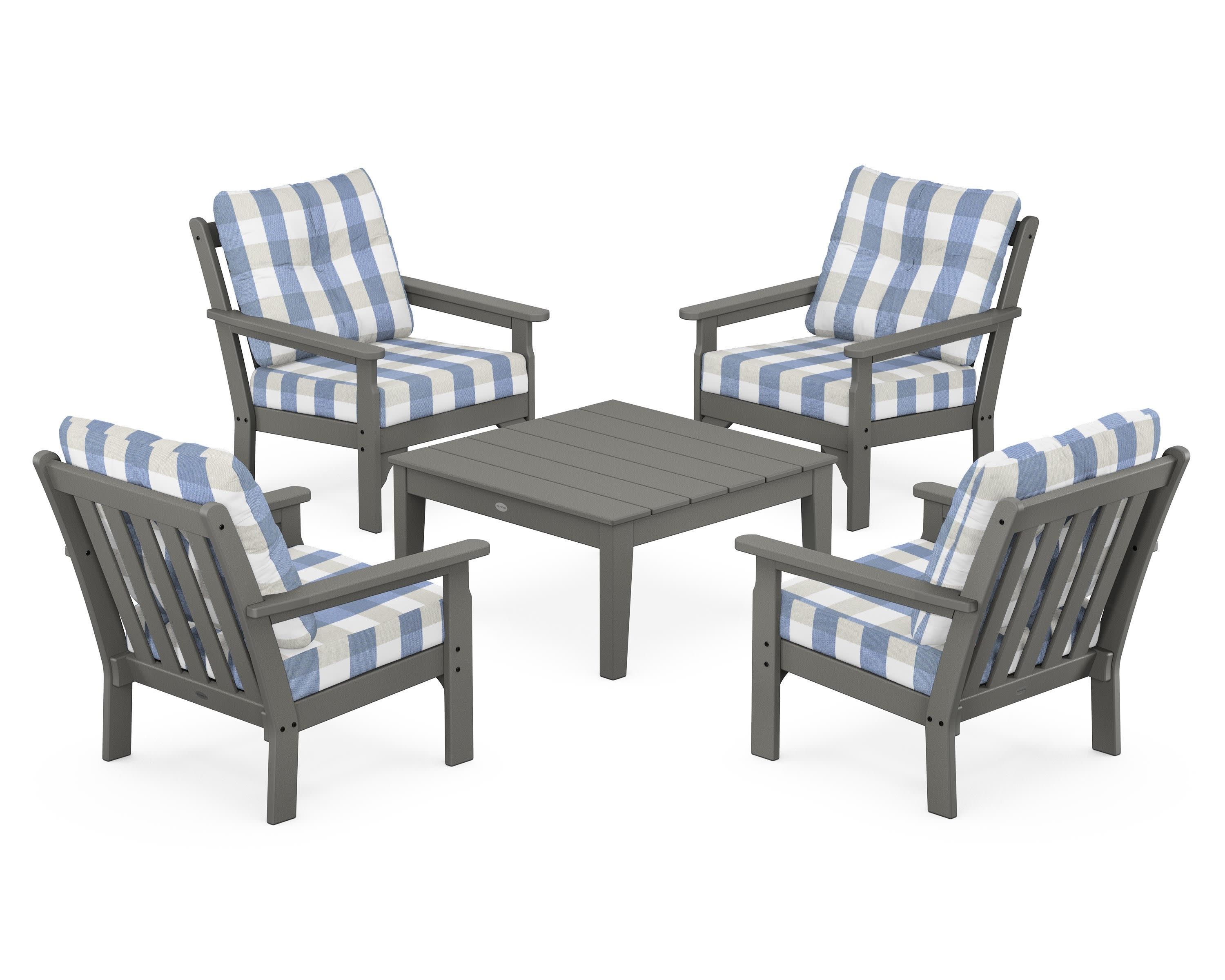 Vineyard 5-Piece Deep Seating Conversation Set in Slate Grey / Buffalo Plaid Sky Blue