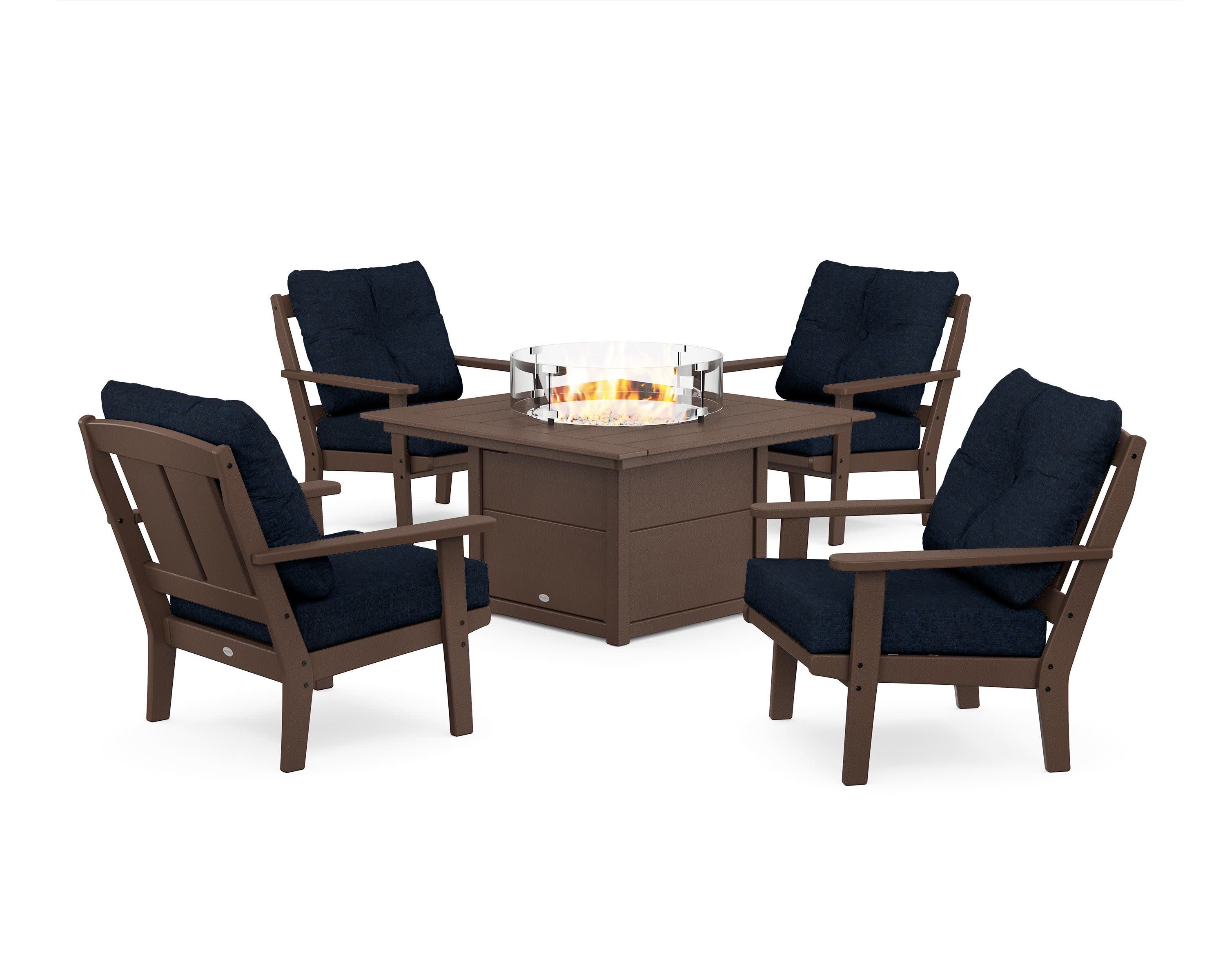 Mission 5-Piece Deep Seating Set with Fire Pit Table in Mahogany / Marine Indigo