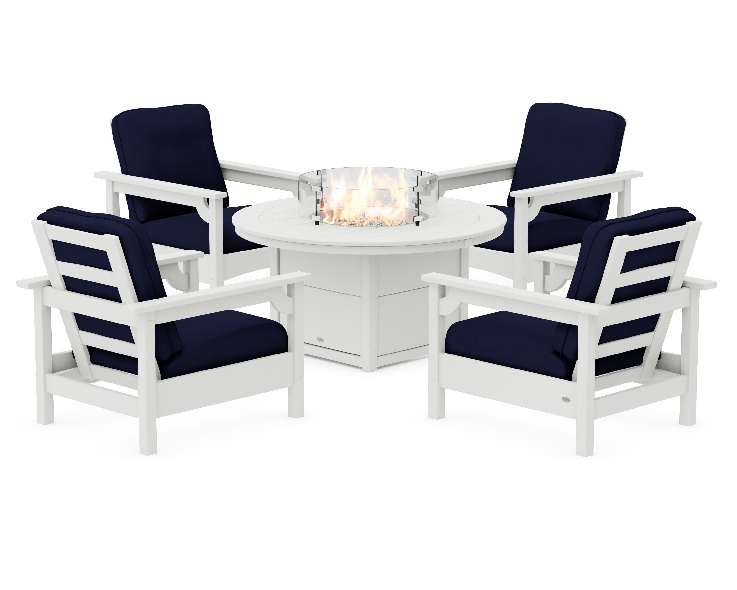 Club 5-Piece Conversation Set with Fire Pit Table in Vintage White / Navy