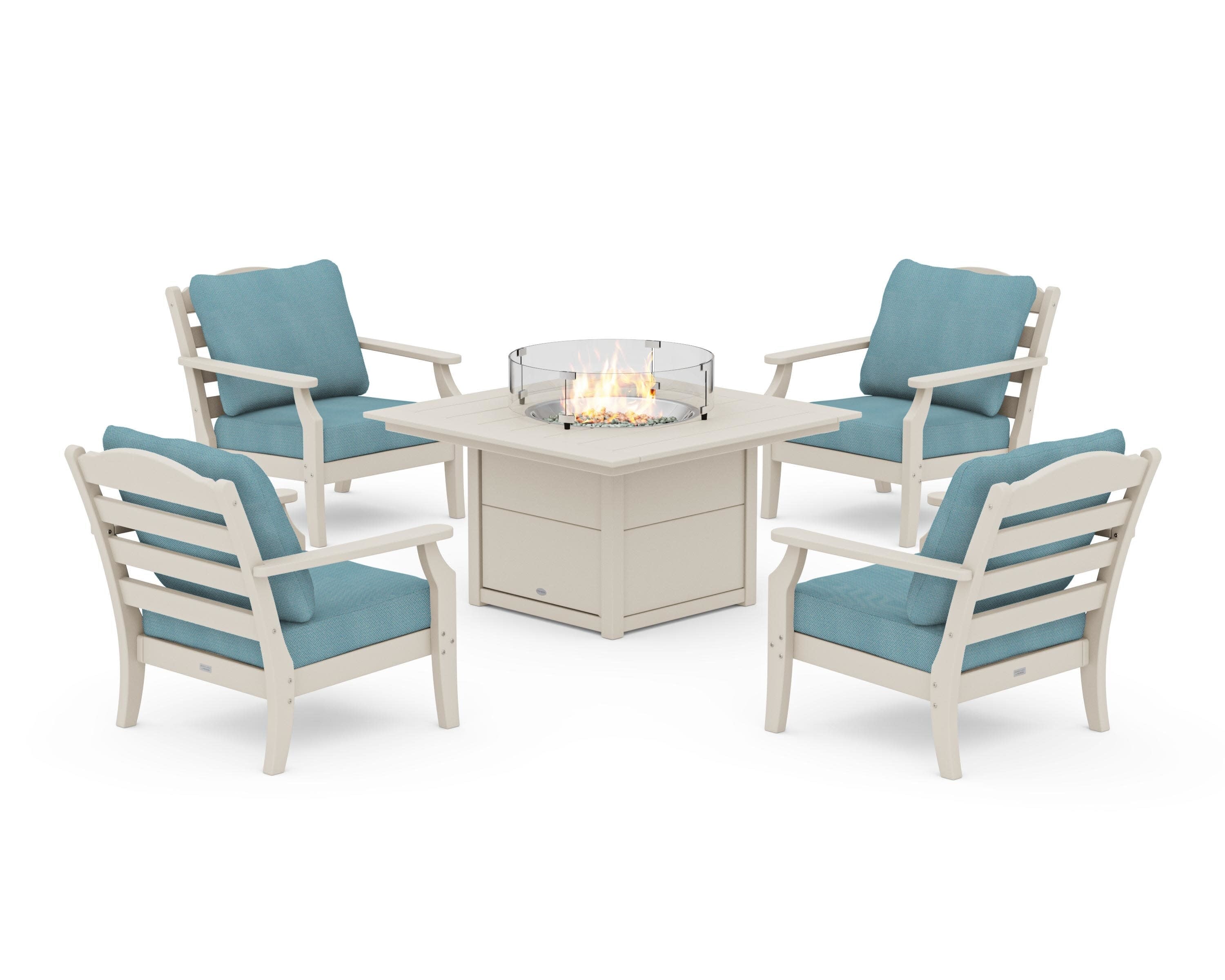 Savannah 5-Piece Deep Seating Set with Fire Pit Table in Sand / Lattice Sky Blue