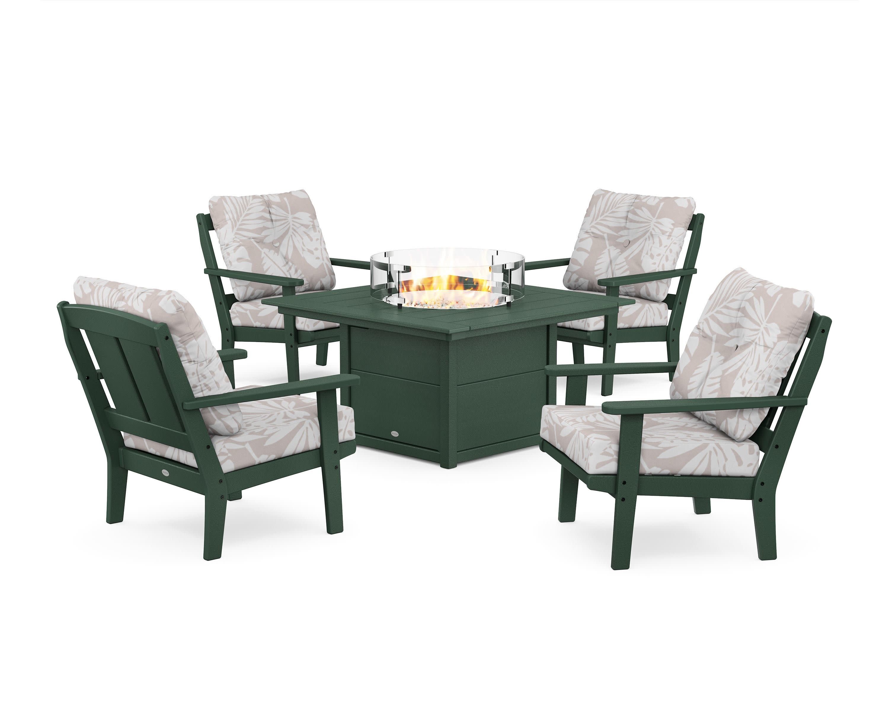 Mission 5-Piece Deep Seating Set with Fire Pit Table in Green / Leaf Dune Burlap