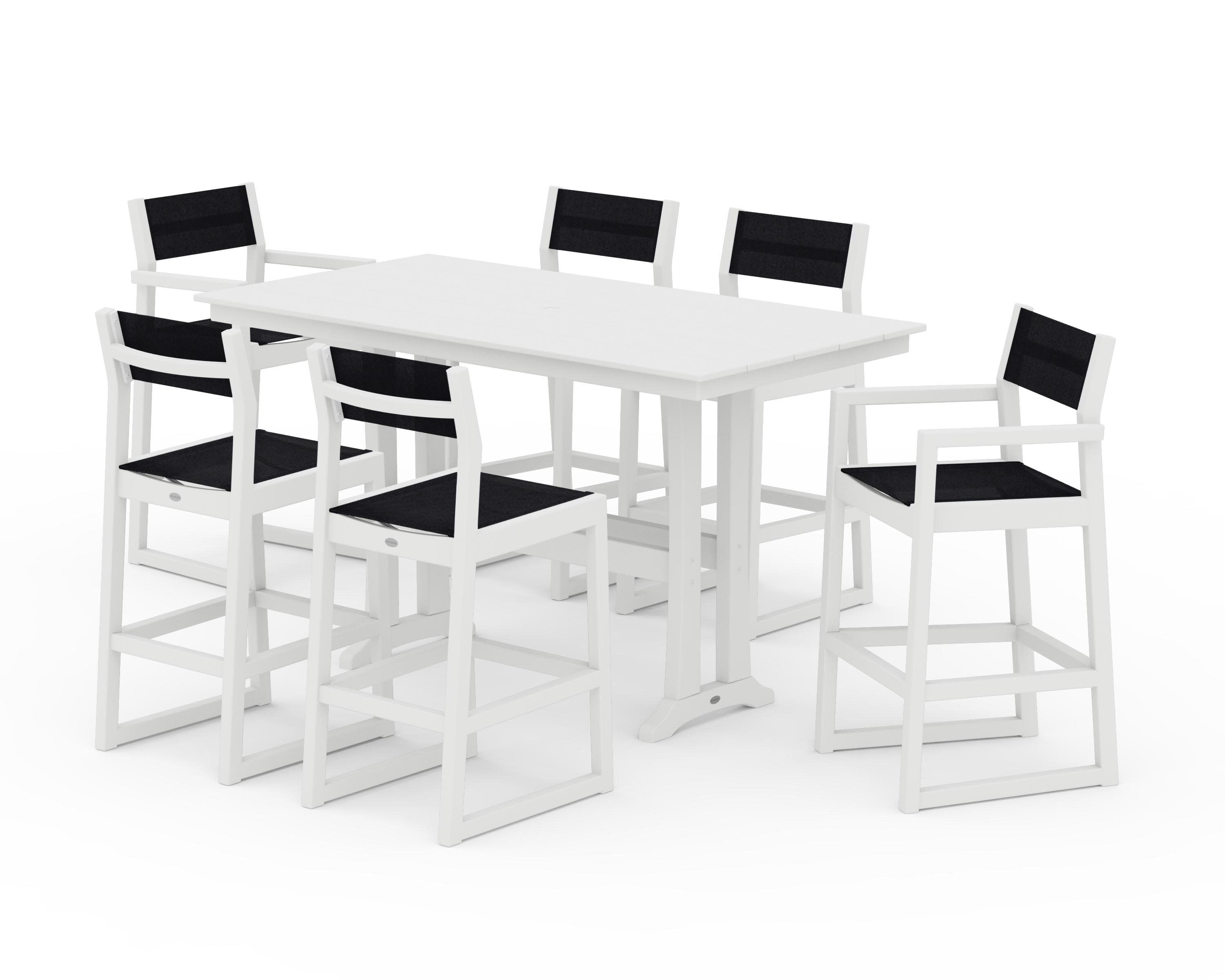 EDGE Sling 7-Piece Farmhouse Bar Set with Trestle Legs in White / Black Sling