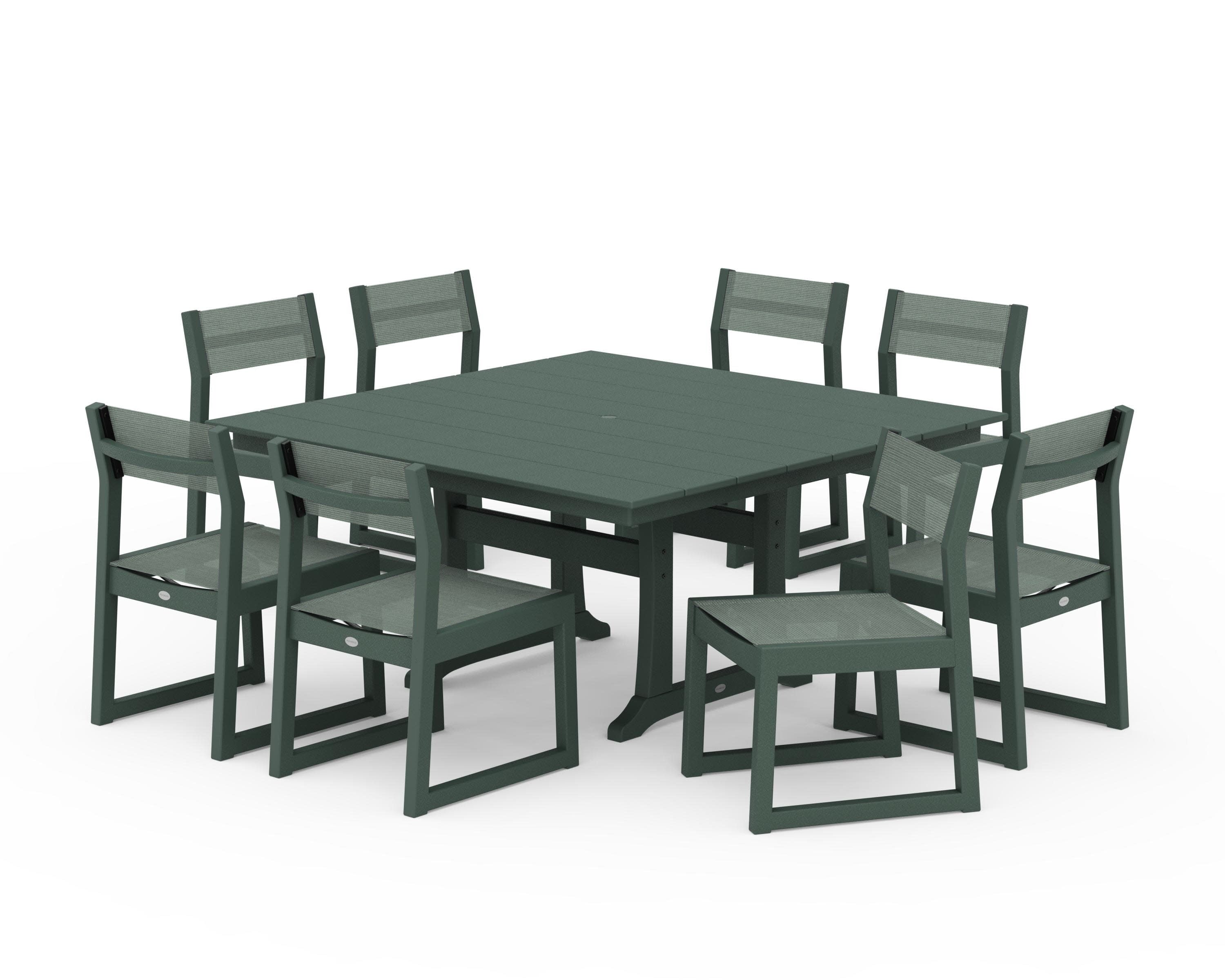 EDGE Sling Side Chair 9-Piece Farmhouse Trestle Dining Set in Green / Dupioni Sea Mist Sling