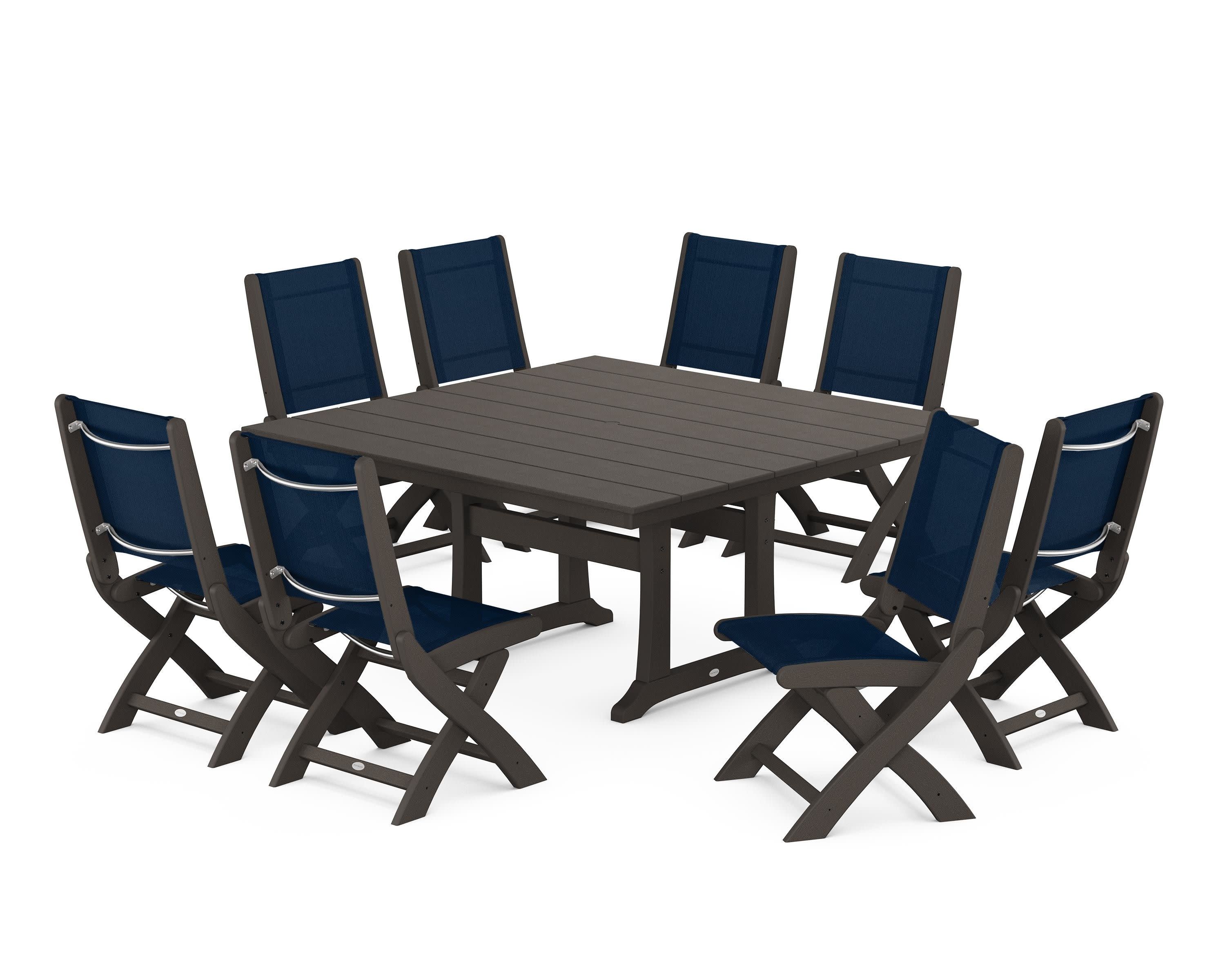 Coastal Folding Side Chair 9-Piece Farmhouse Dining Set in Vintage Coffee / Navy Blue Sling
