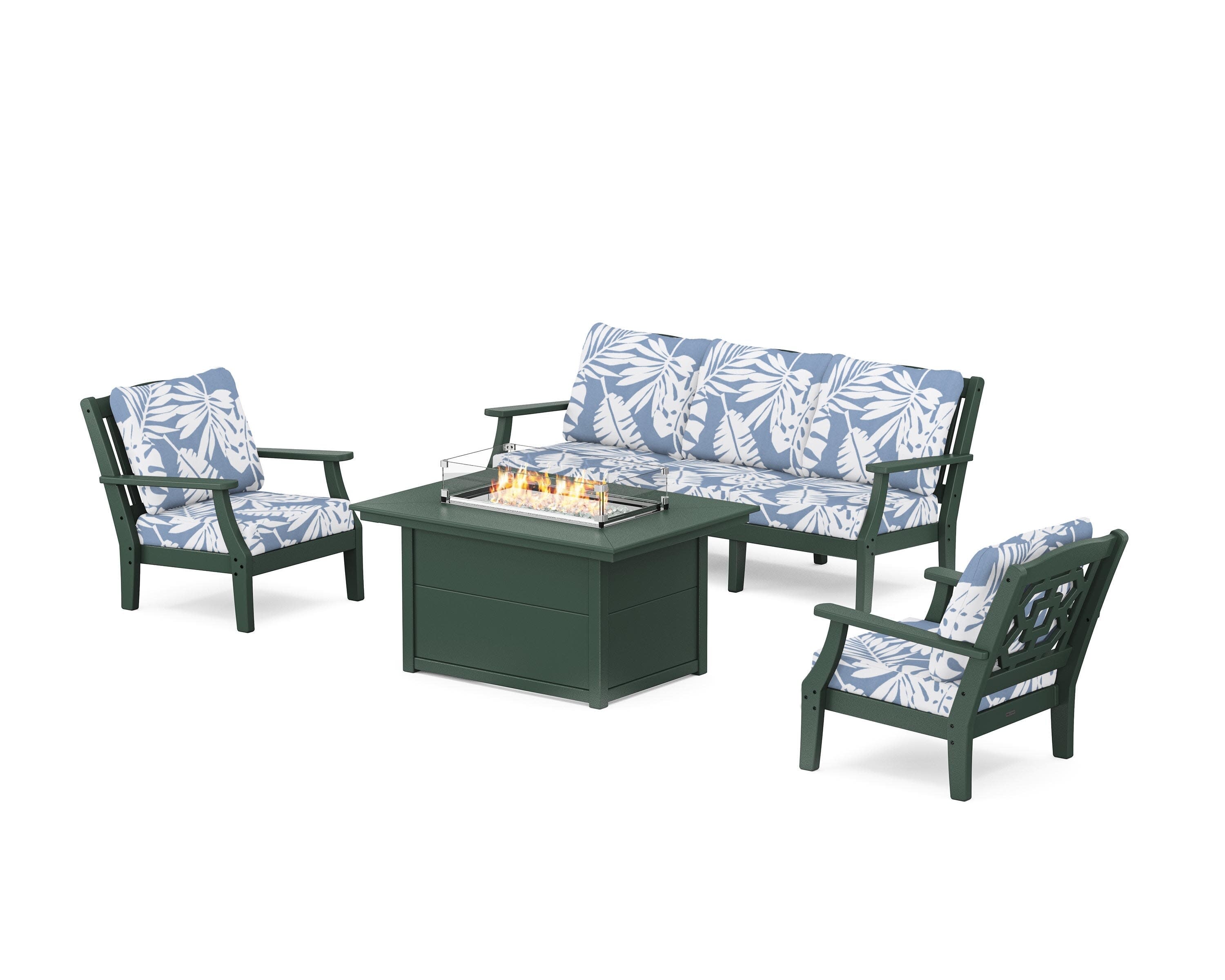 Chinoiserie Deep Seating Fire Pit Table Set in Green / Leaf Sky Blue