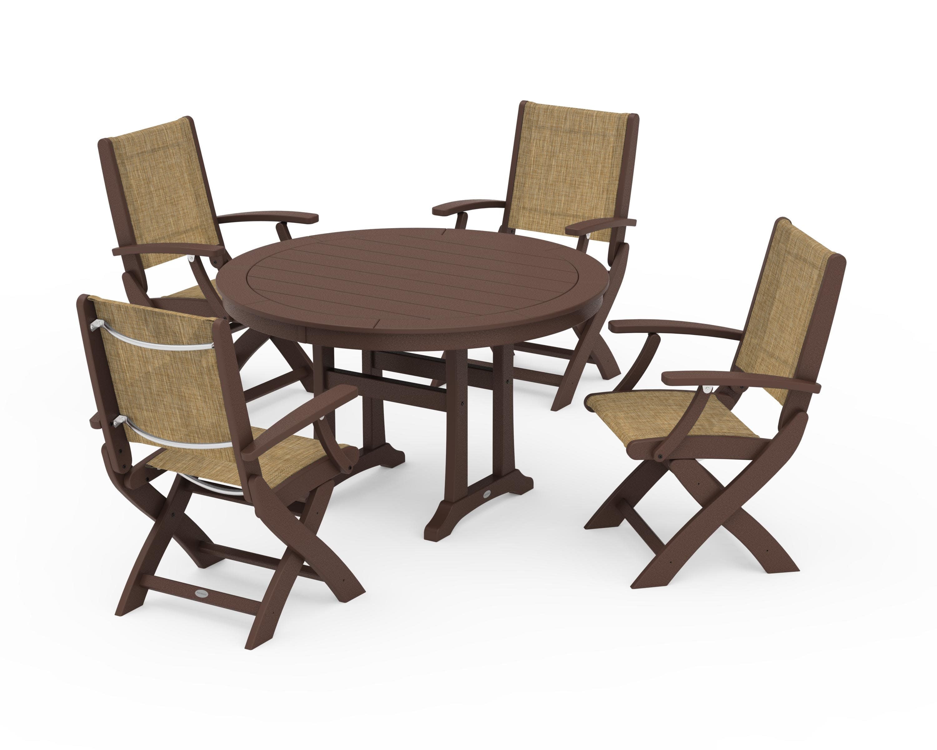 Coastal Folding Chair 5-Piece Round Dining Set with Trestle Legs in Mahogany / Burlap Sling