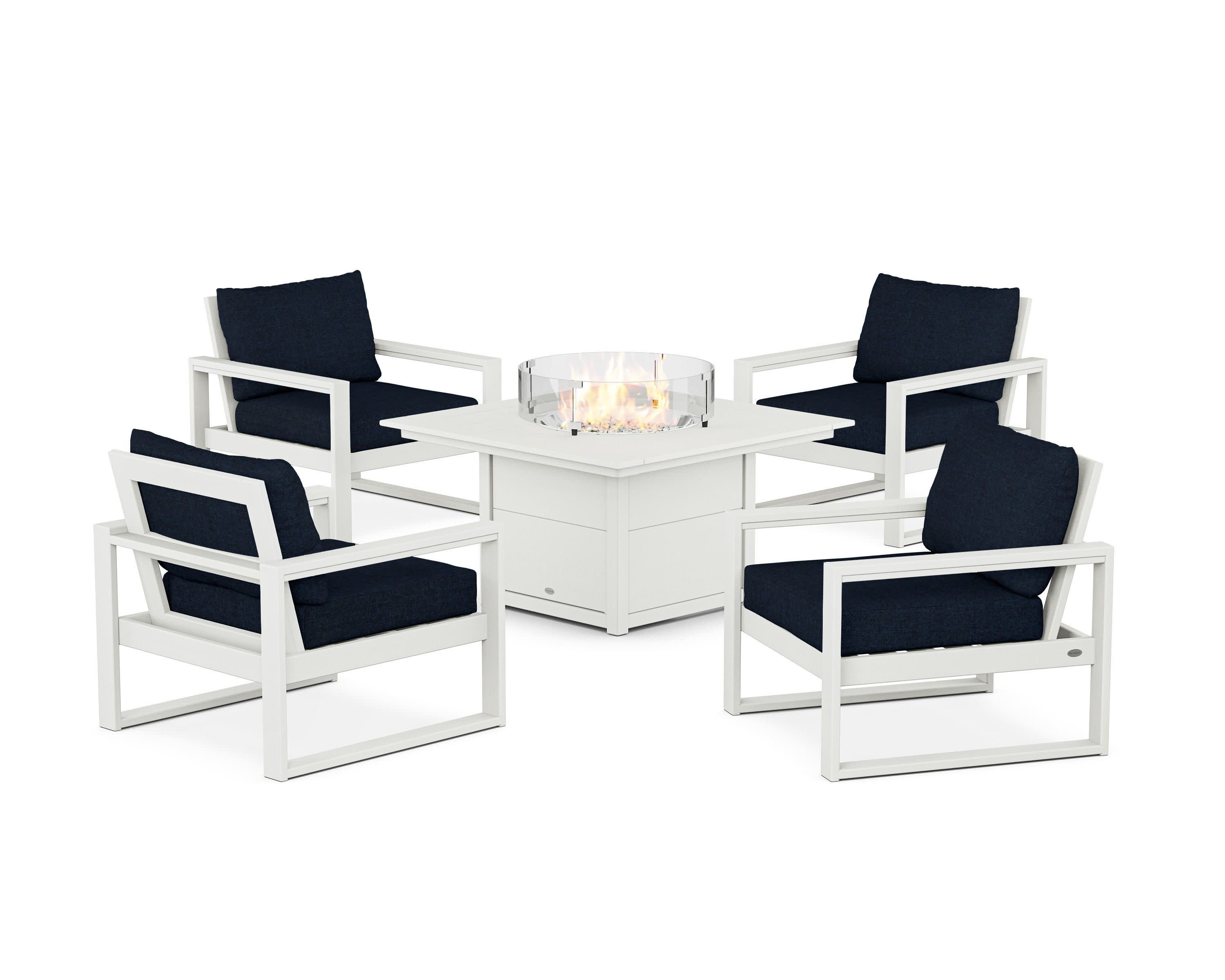 EDGE Sectional 5-Piece Deep Seating Set with Fire Pit Table in Vintage White / Marine Indigo