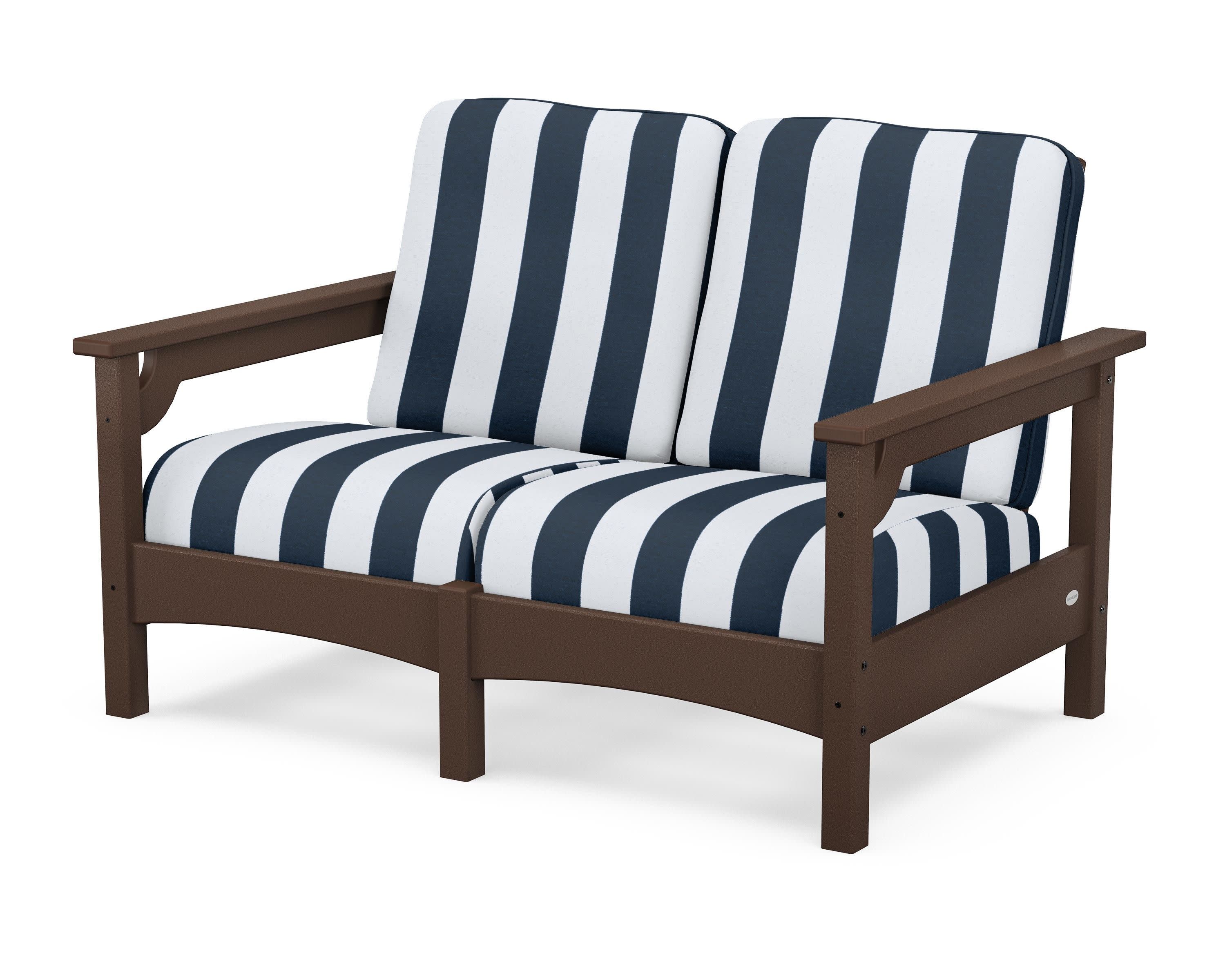 Club Loveseat in Mahogany / Cabana Stripe Marine Indigo