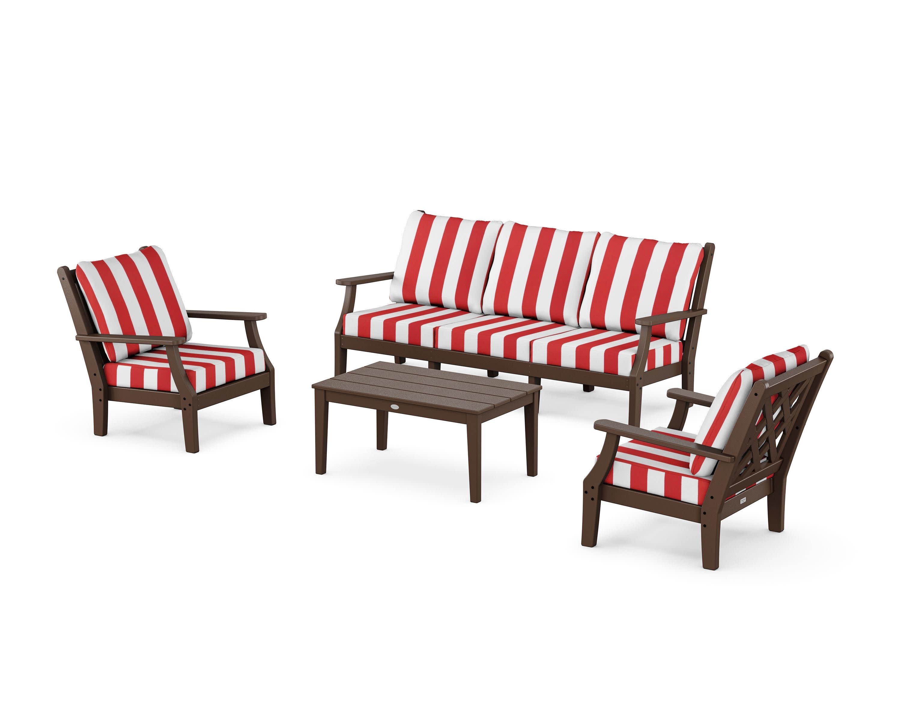 Wovendale 4-Piece Deep Seating Set with Sofa in Mahogany / Cabana Stripe Crimson